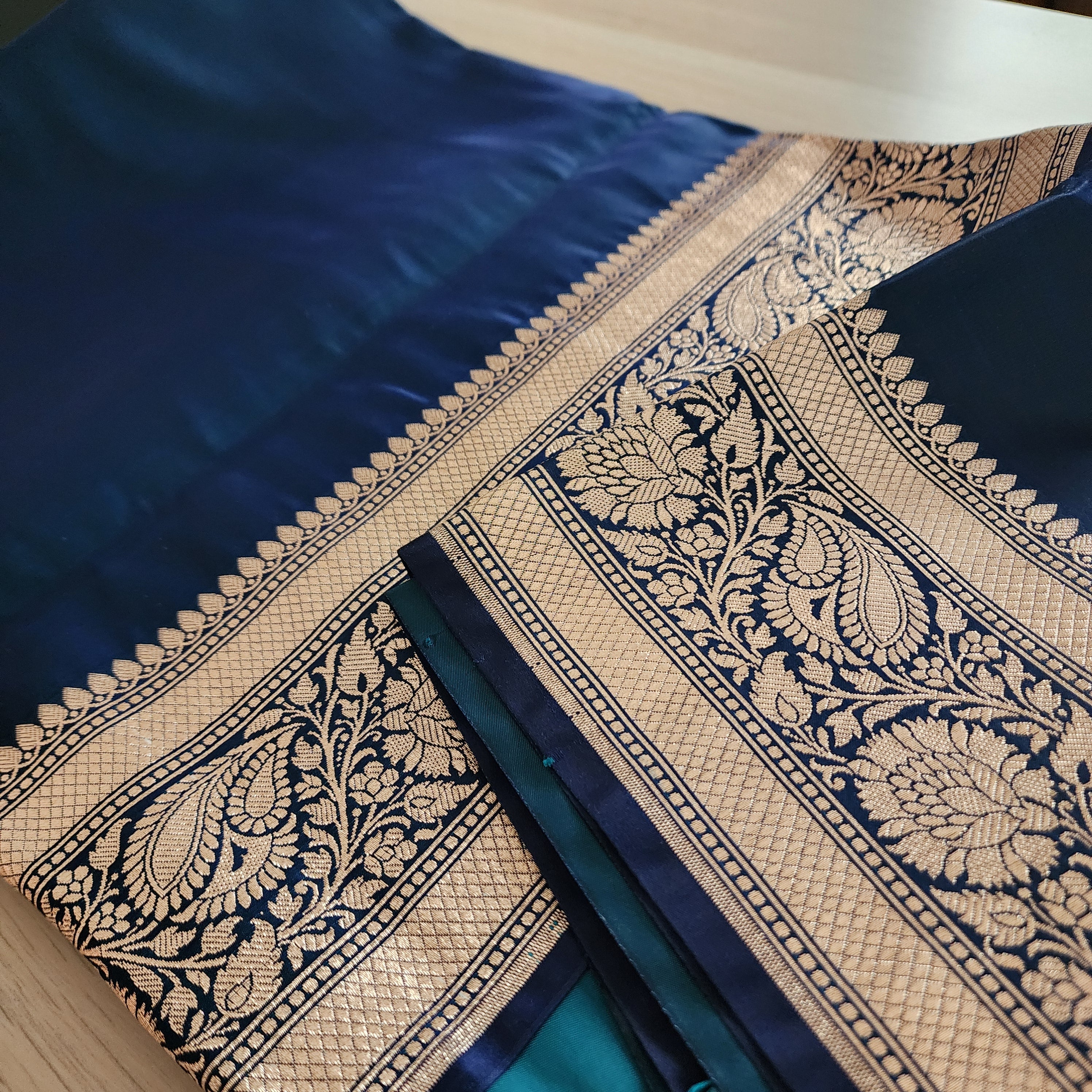 Rich Navy Blue Pure Banarasi Katan Silk Saree with light Gold Zari Weaving