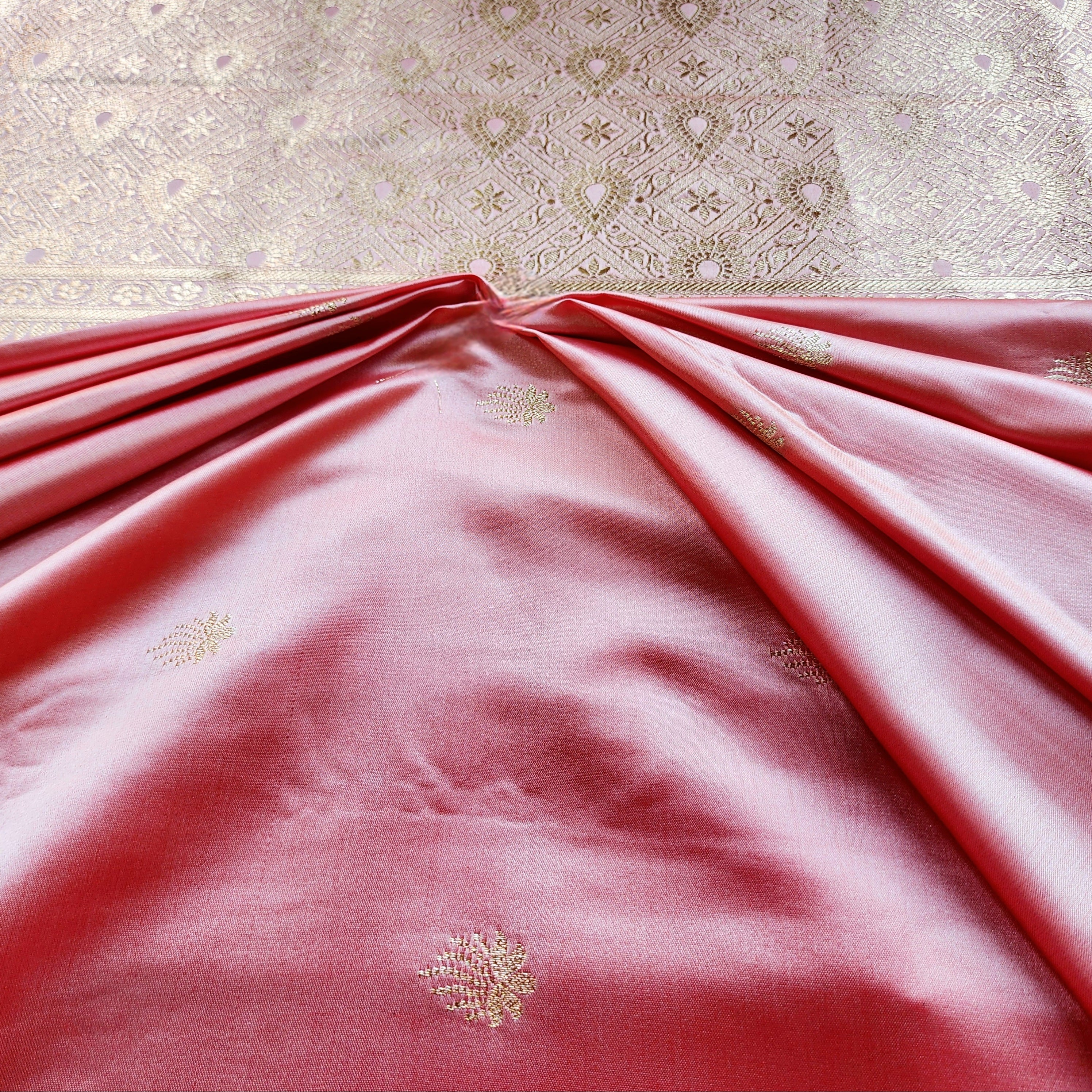 Blush Pink Katan Silk Saree with Red Gold Zari Border