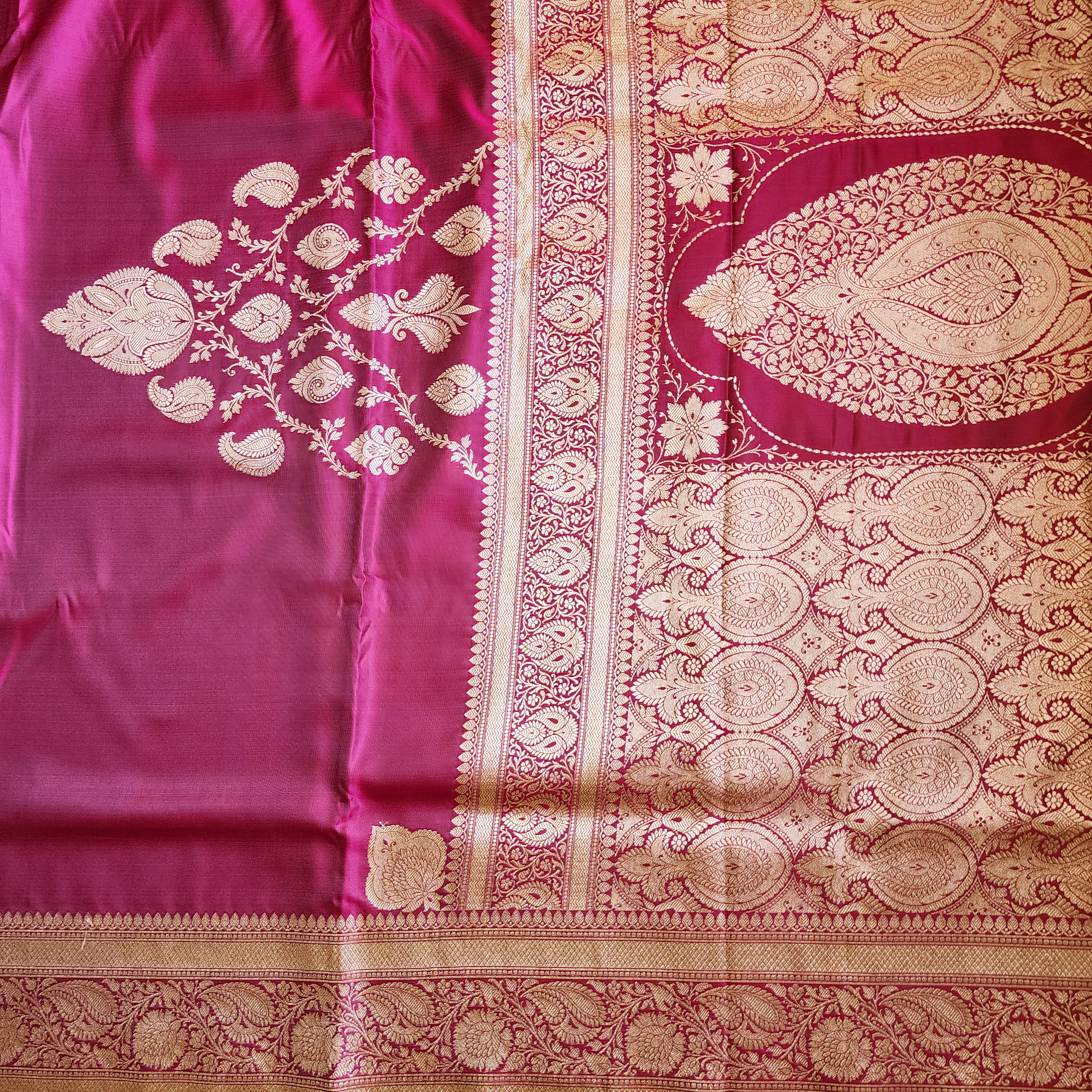 Hot Pink Pure Banarasi Katan Silk Saree with light Gold Zari Weaving