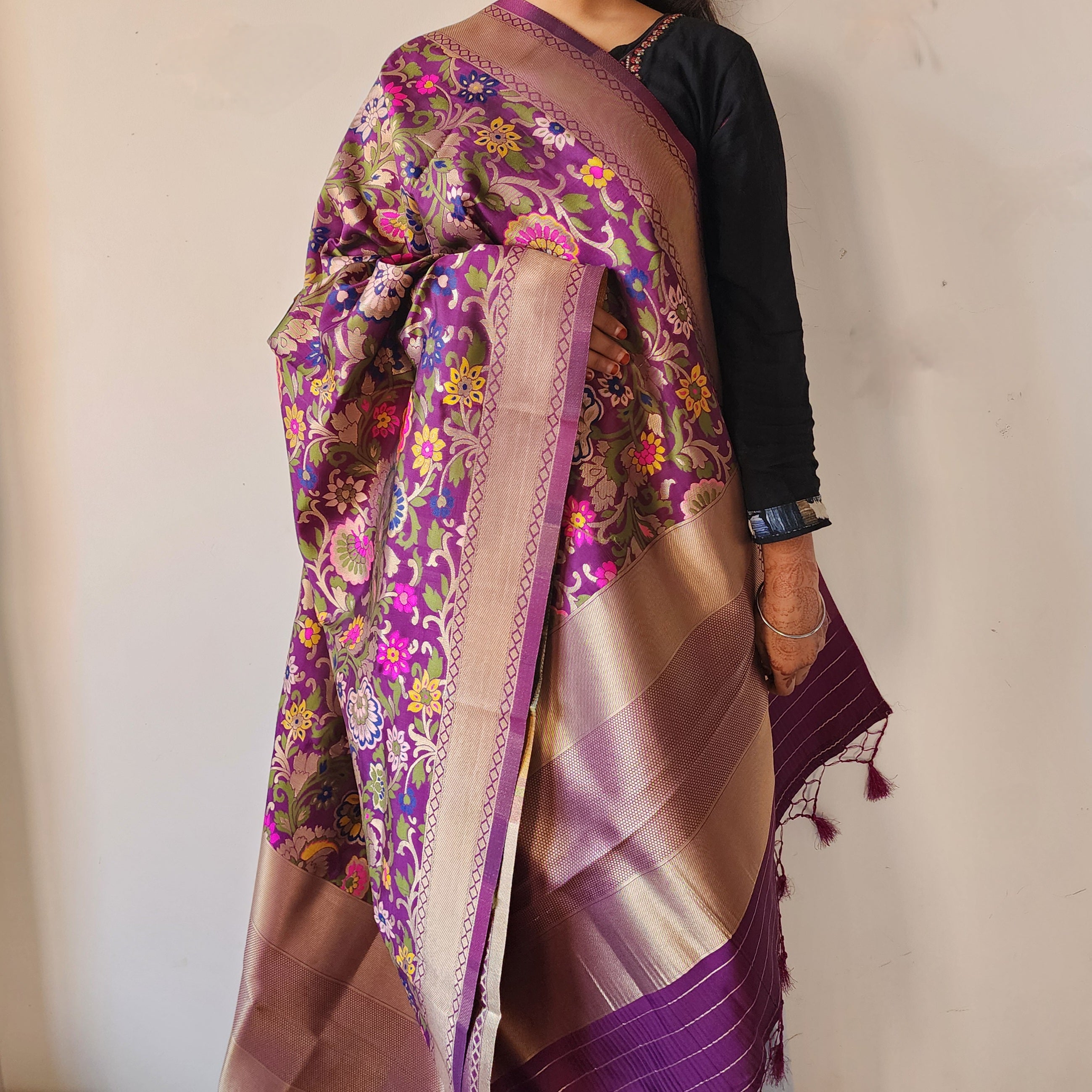 Banarasi Silk Dark Plum Dupatta with Multicolor & Gold Floral Handweaving