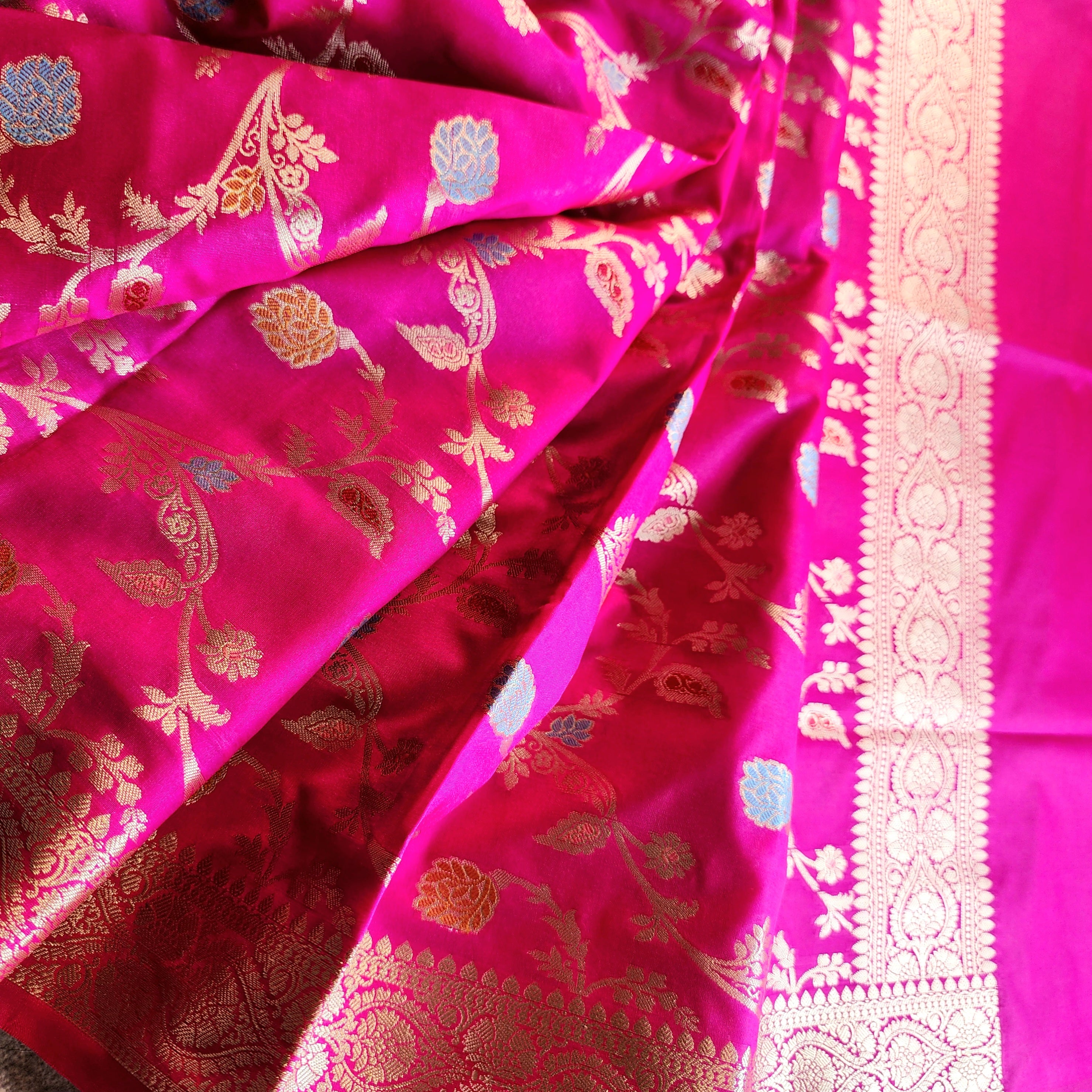 Hot Pink Banarasi Silk Dupatta with Gold Zari Border & Multicolor Meenakari Work