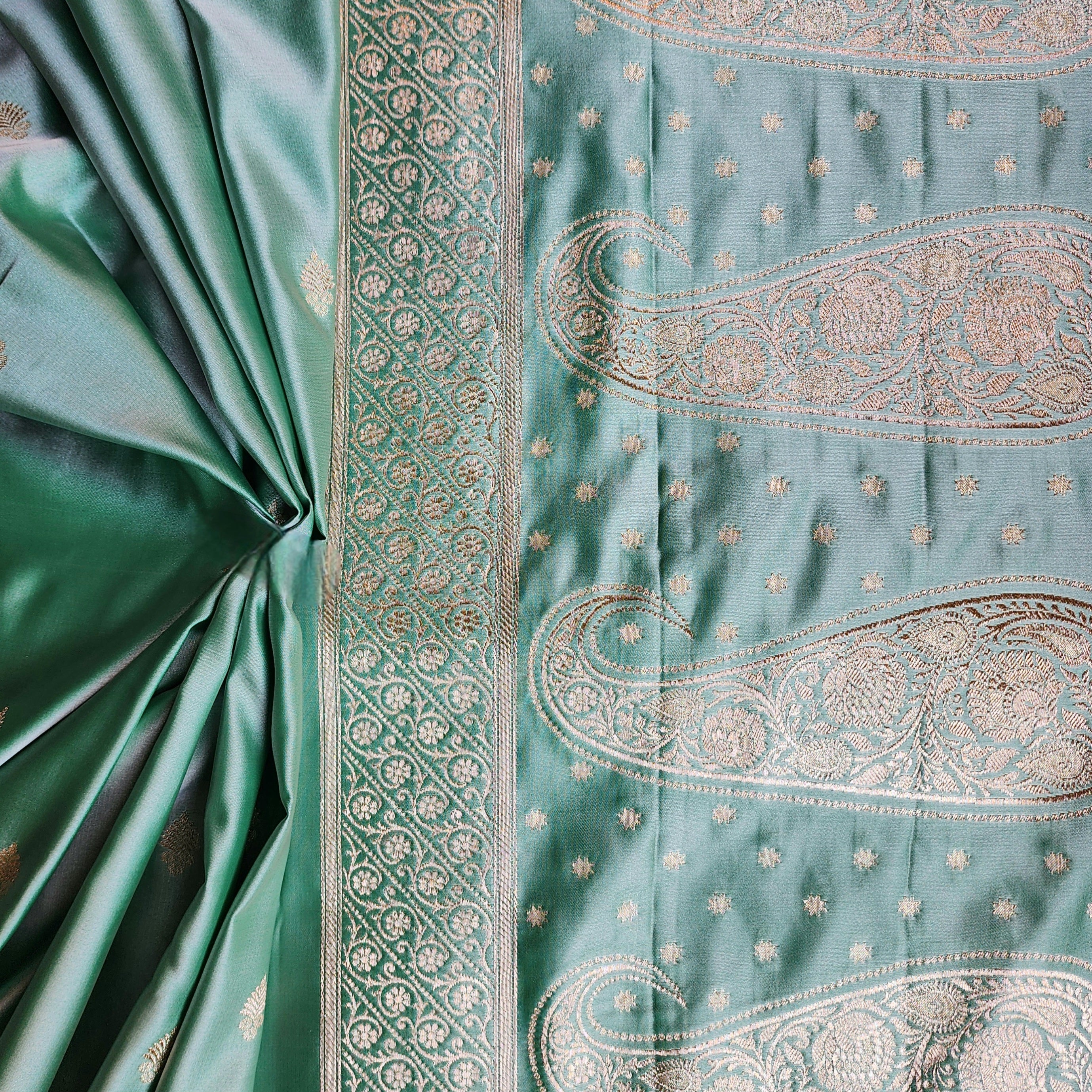 Sea Green Katan Silk Saree with Peacock Green Gold Zari Border