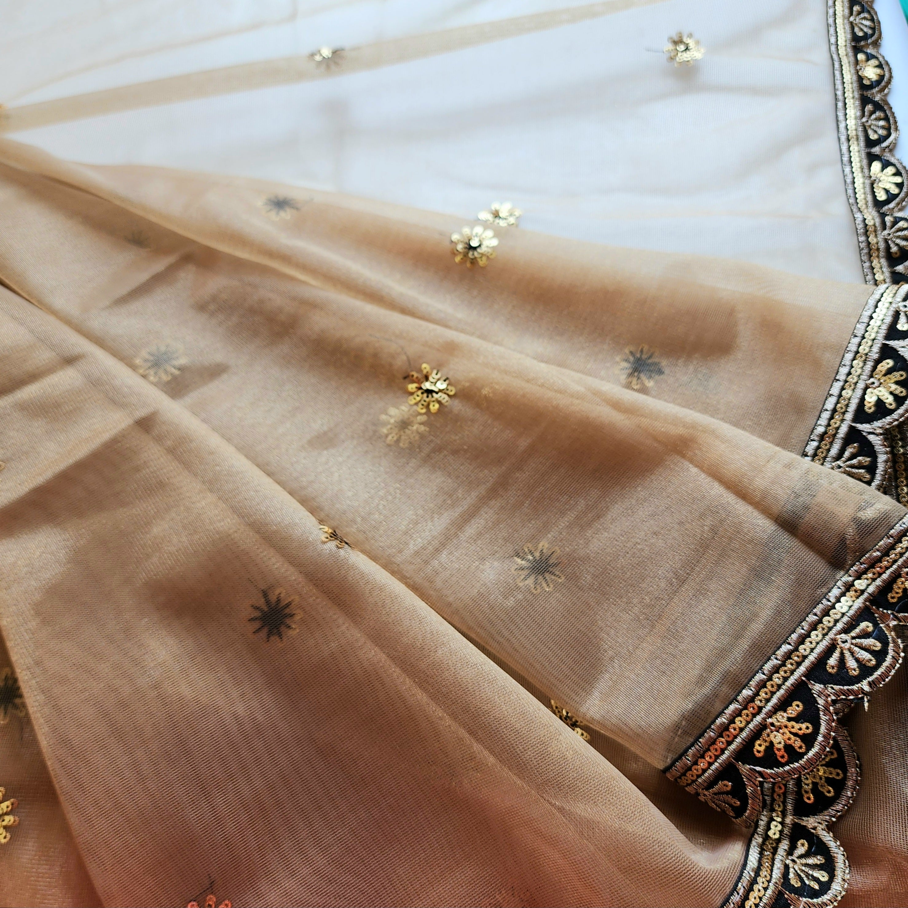 Beige Designer Net Saree with Heavy Embroidery Cut Work Border