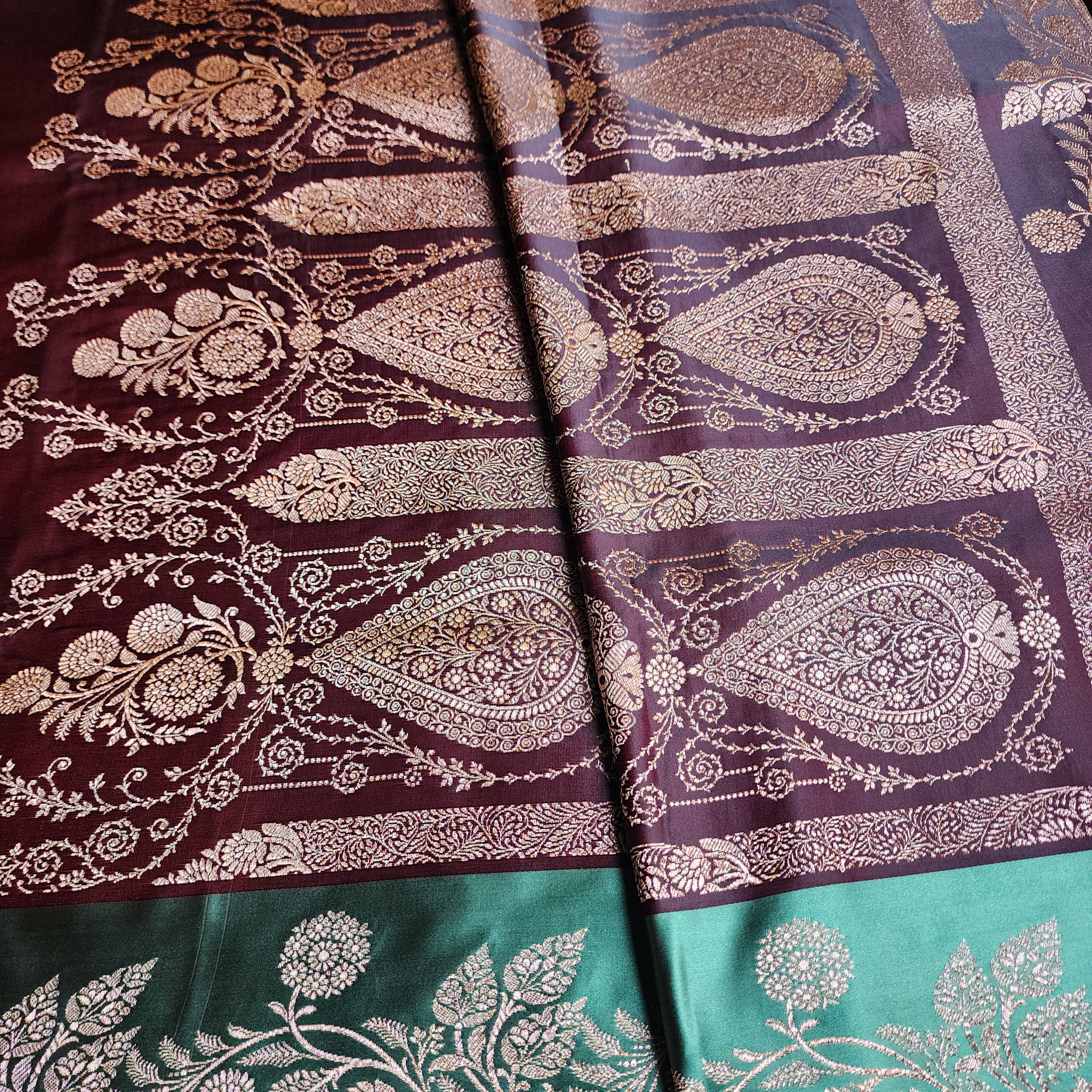 Chocolate Brown Pure Banarasi Katan Silk Saree with Sea Green Border