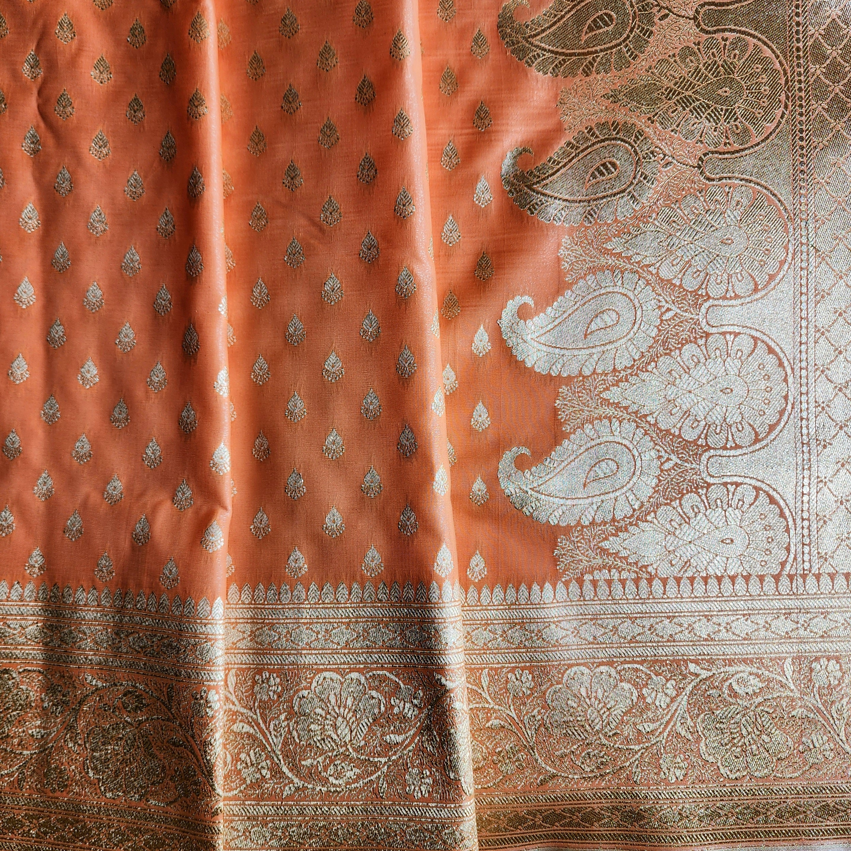 Rich Burnt Orange Banarasi Silk Saree with Gold Zari Weaving