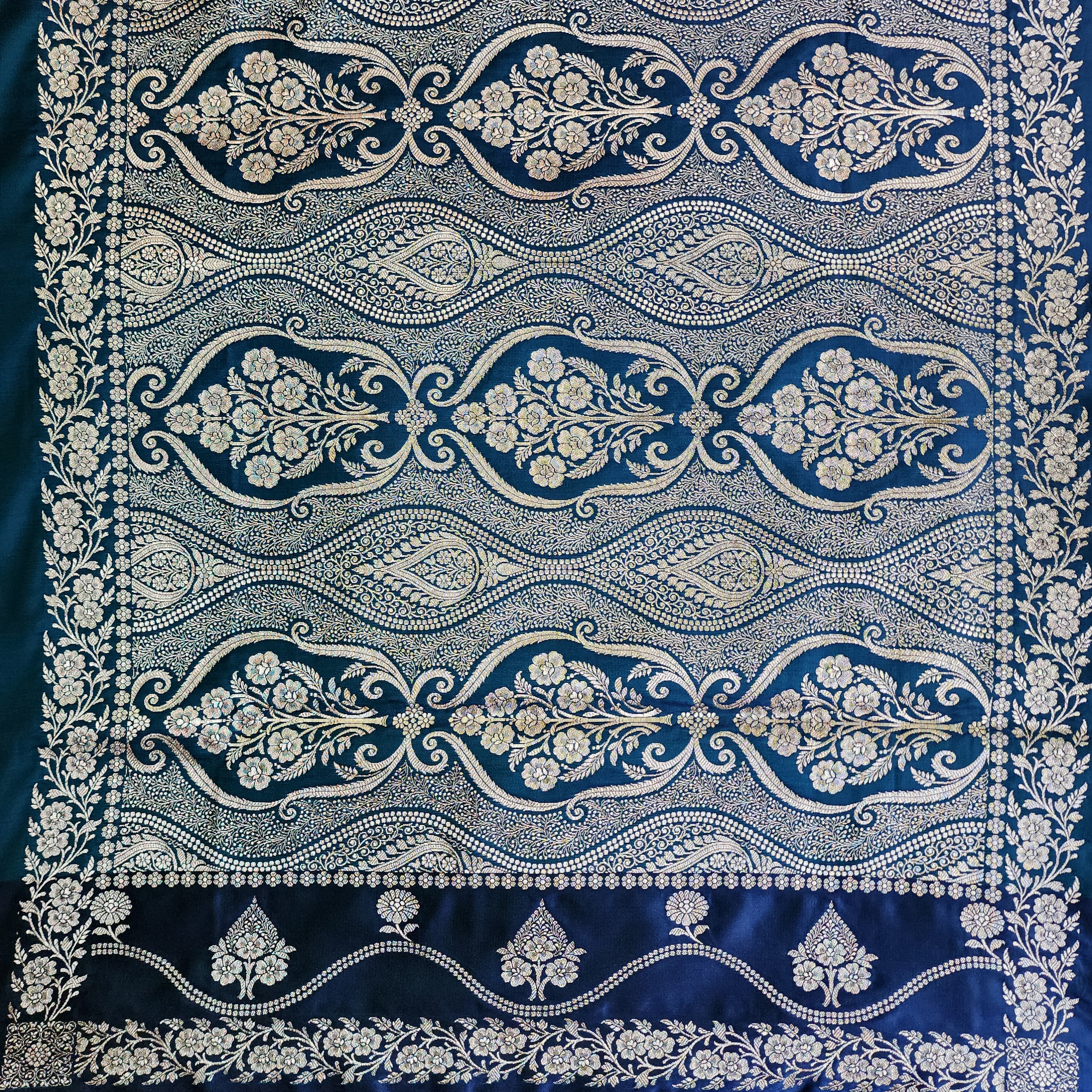 Dual-Tone Peacock Blue Pure Banarasi Katan Silk Saree