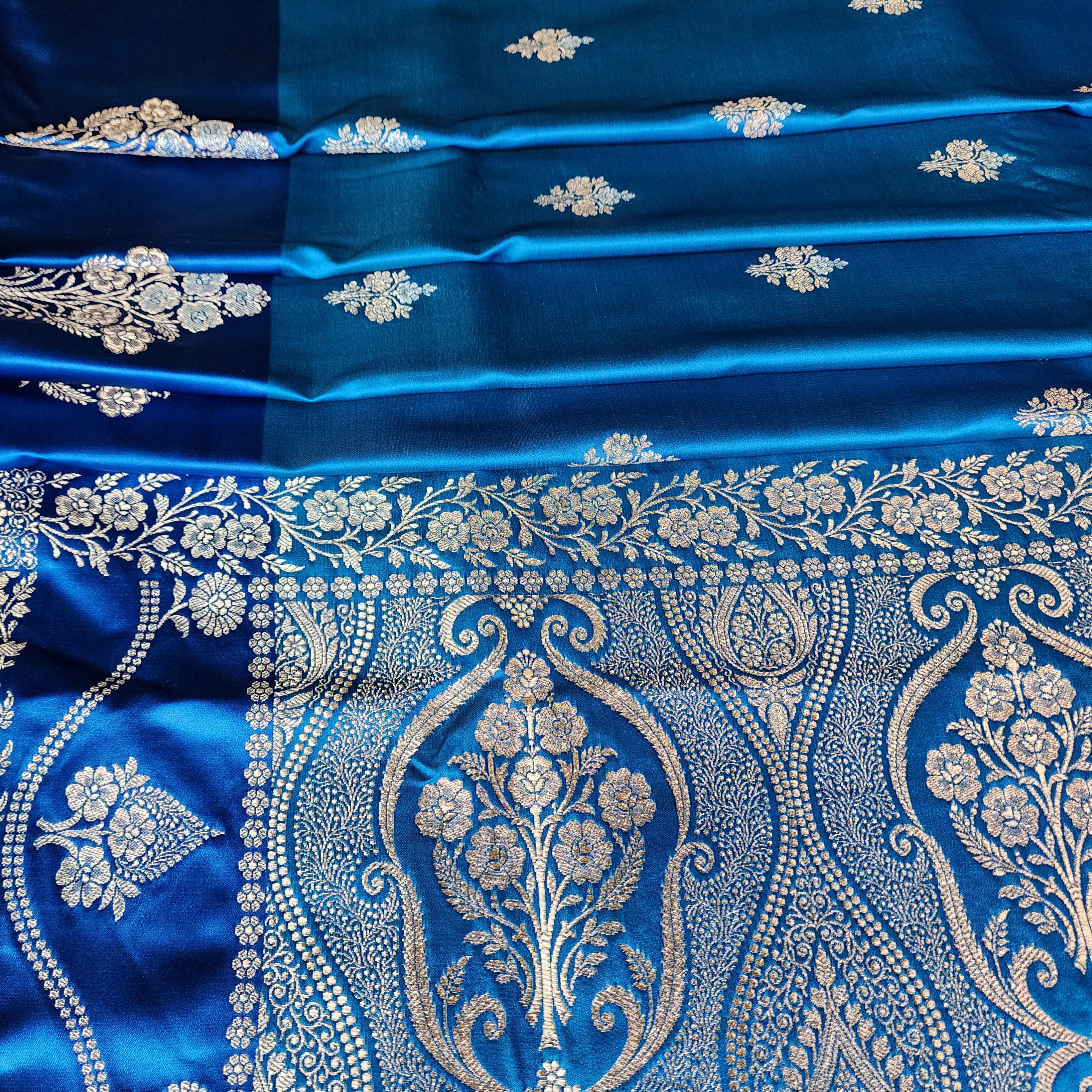 Dual-Tone Shiny Blue Pure Banarasi Katan Silk Saree