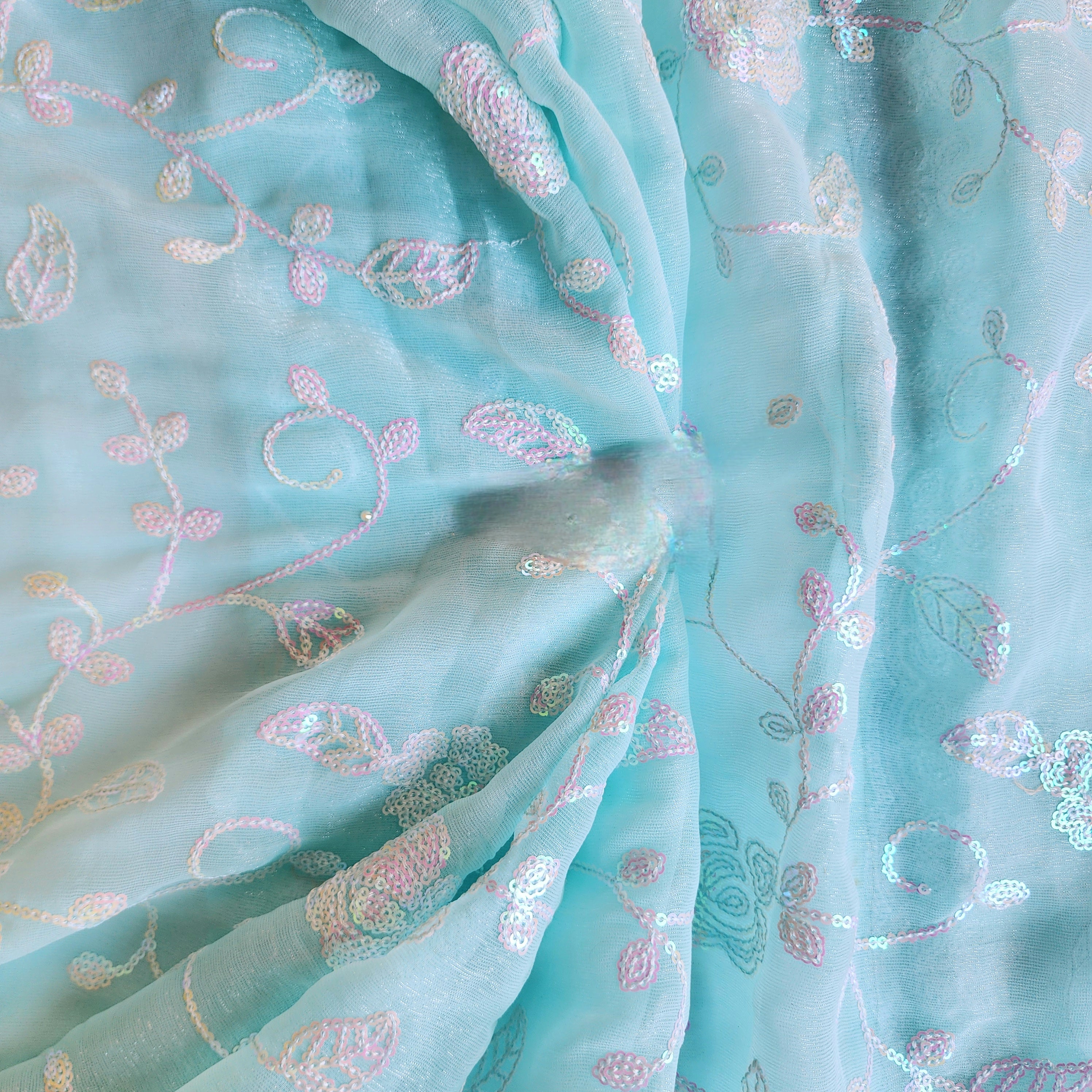Georgette Designer Sequinned Saree - Mint Aqua