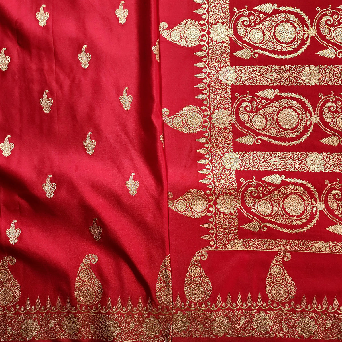 Red Paisley Katan Silk Saree with Gold Zari