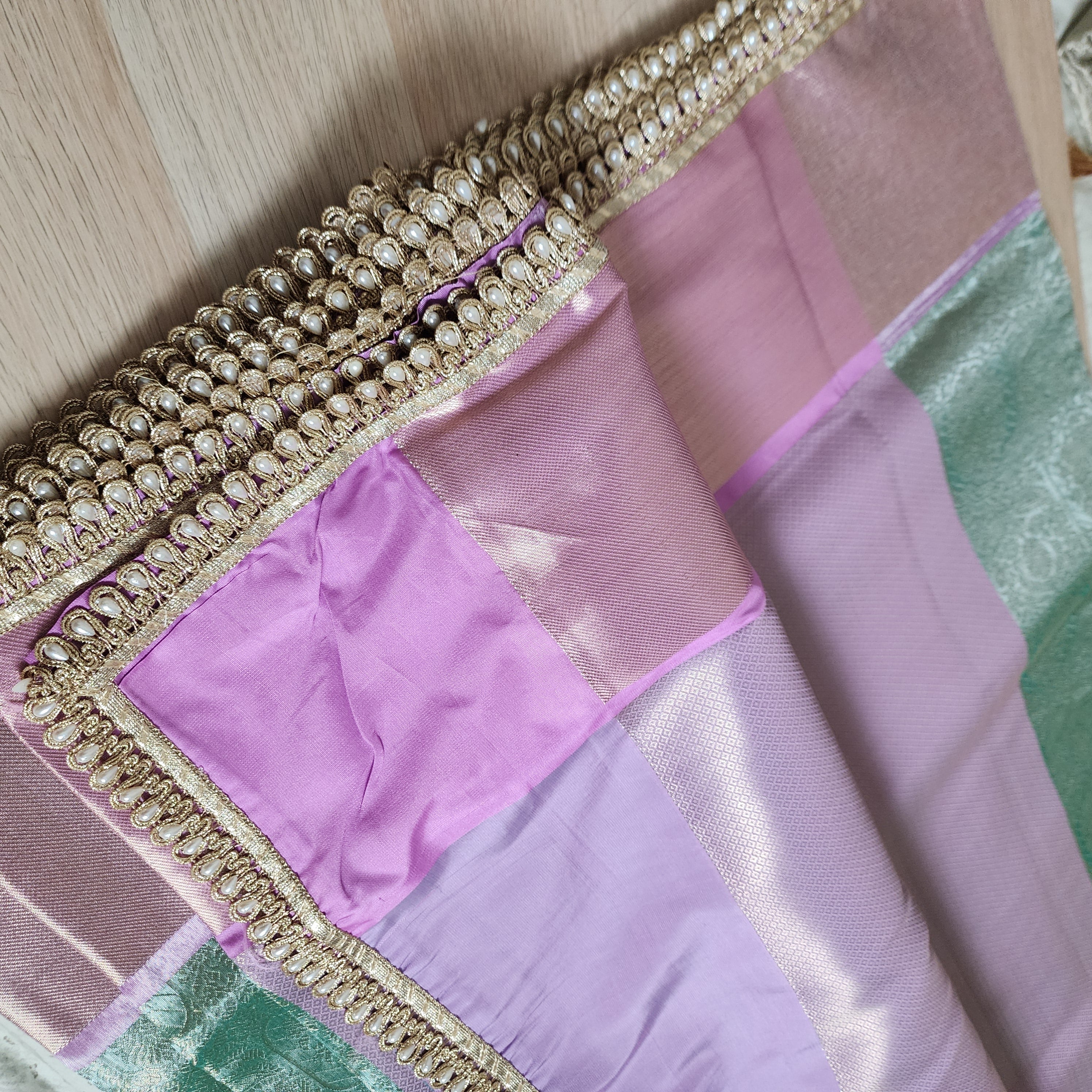 Pastel Sea Green and Pink Brocade Tissue Saree with beaded lace work