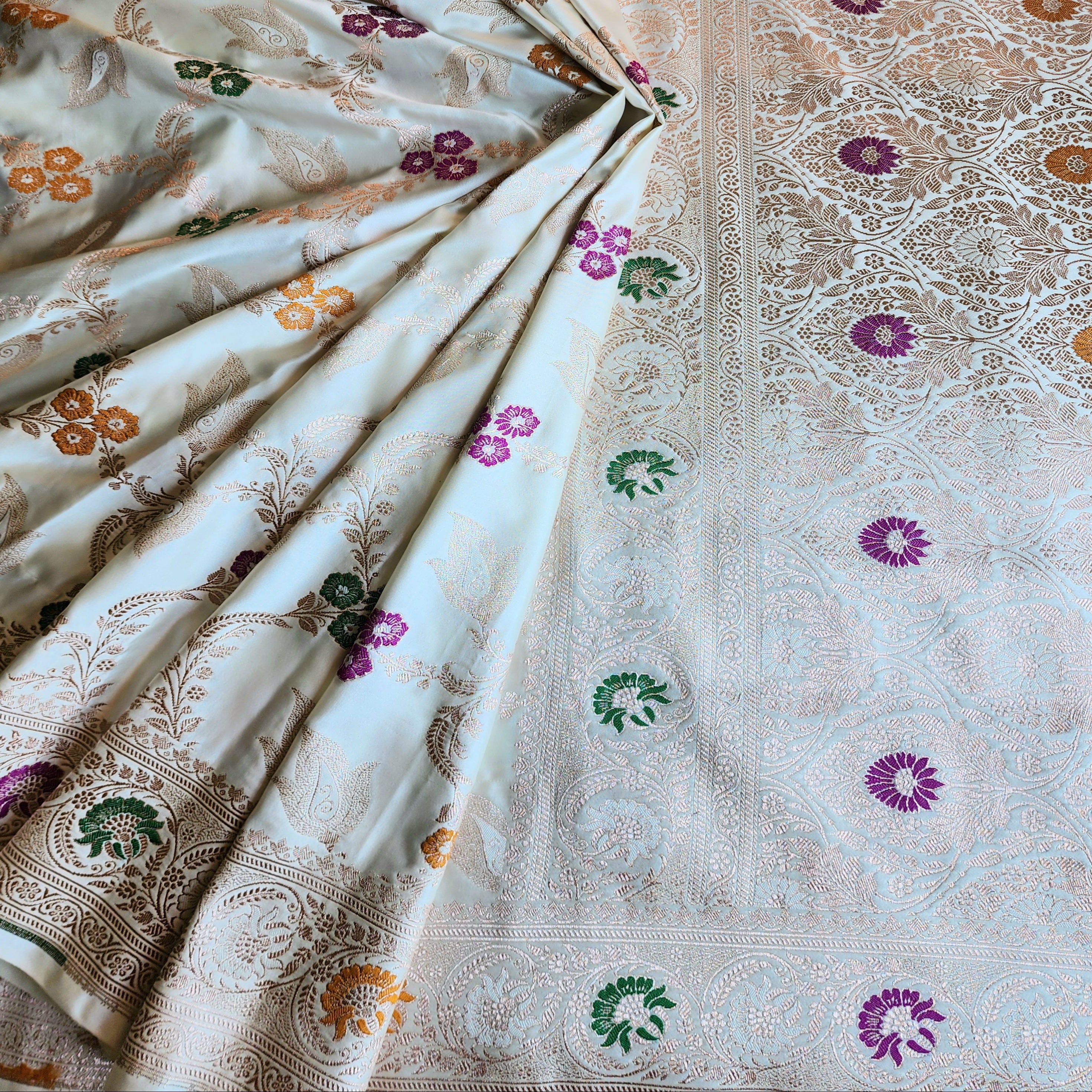 Enriched White Banarasi Katan Silk Saree with Multicolor Meenakari Floral Jaal
