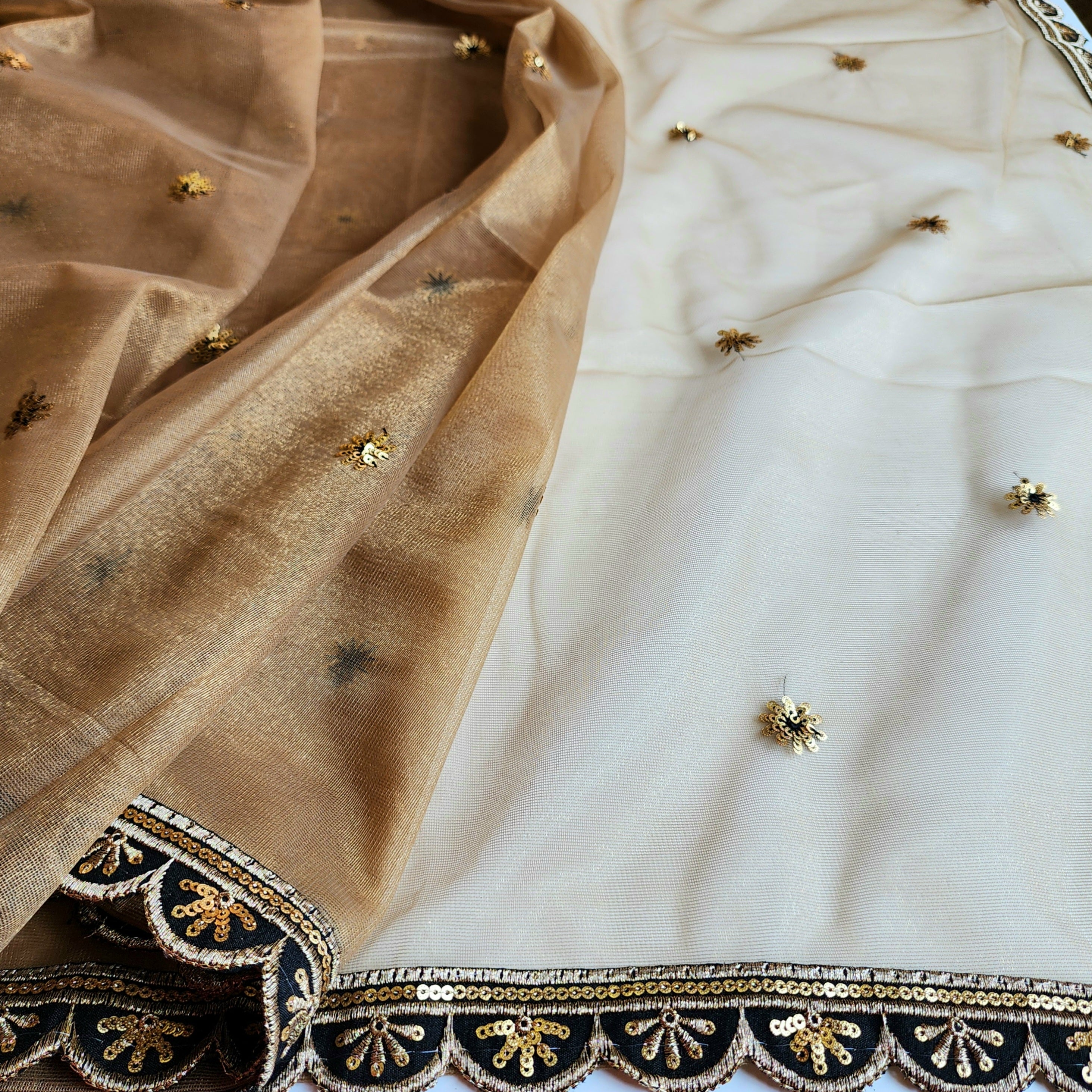 Beige Designer Net Saree with Heavy Embroidery Cut Work Border