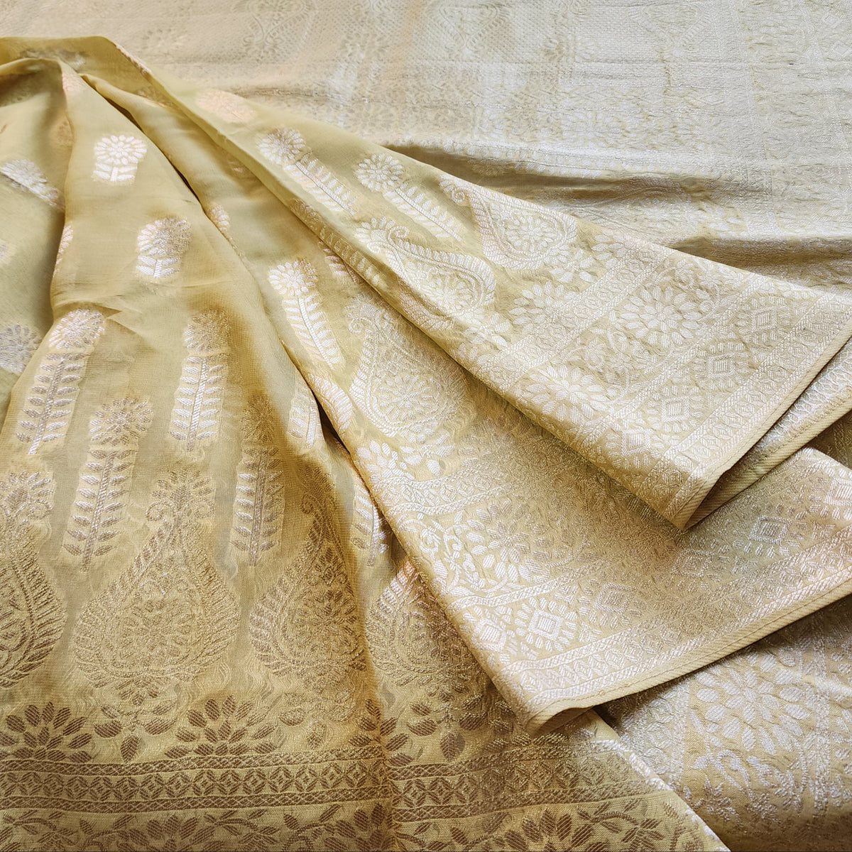 Yellow Khaddi Georgette Pure Banarasi Saree with Gold Zari