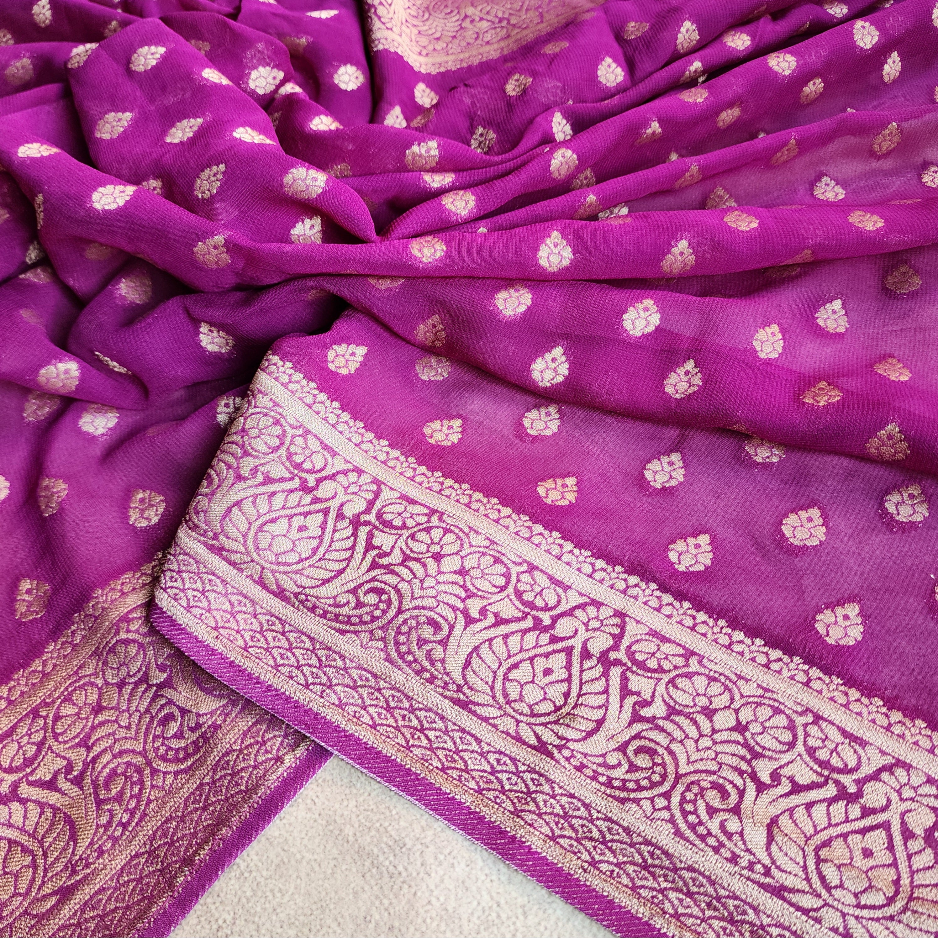 Aubergine Khaddi Georgette Pure Banarasi Saree with Golden Zari