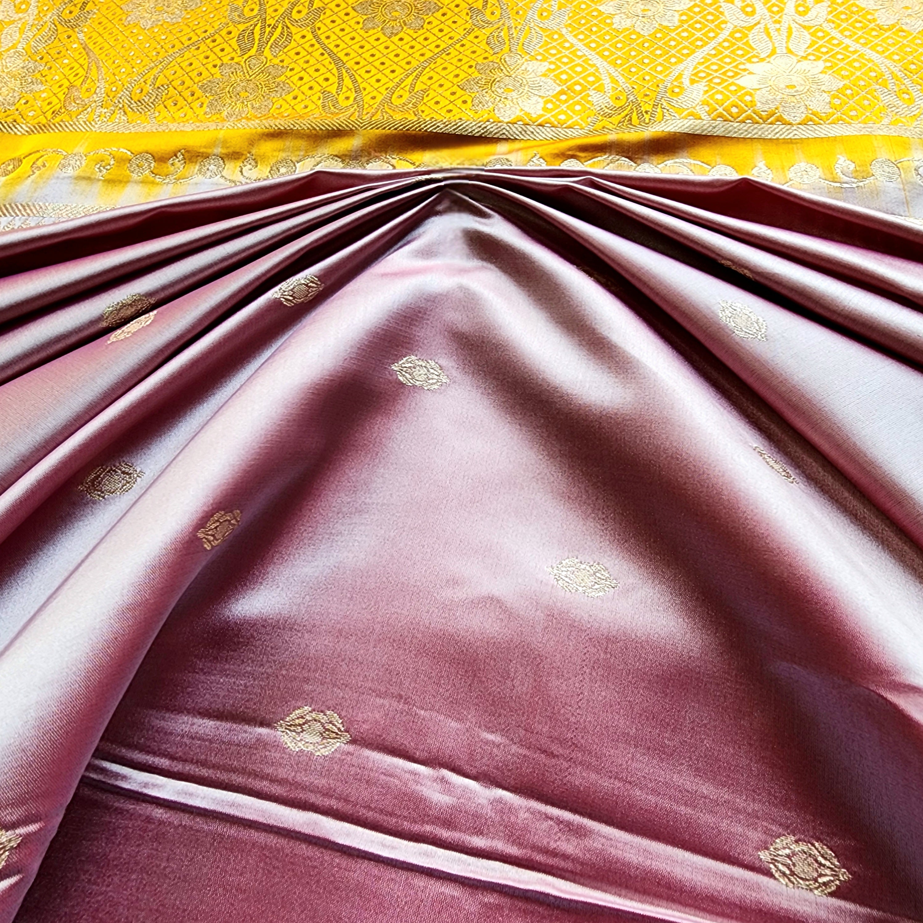 Dusty Rose Pink Katan Silk Saree with Mustard and Gold Zari Border