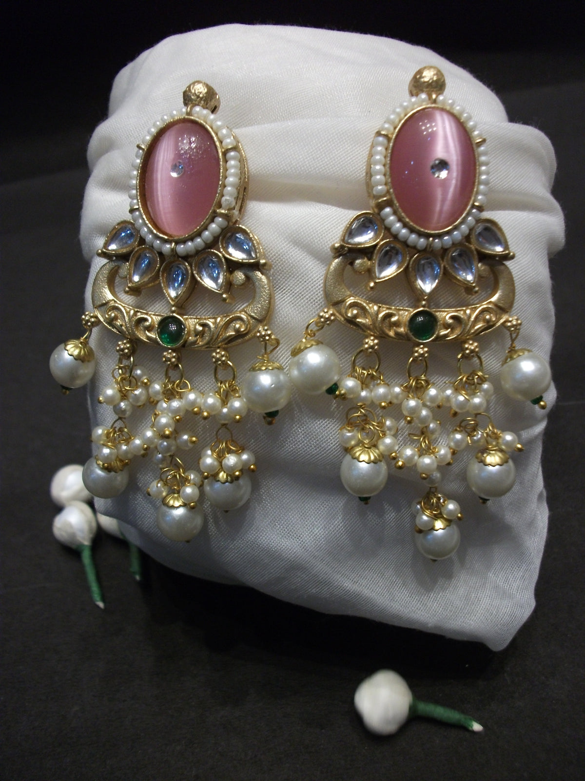 Royal Gold-Finish Oval Pink Cabochon Earrings