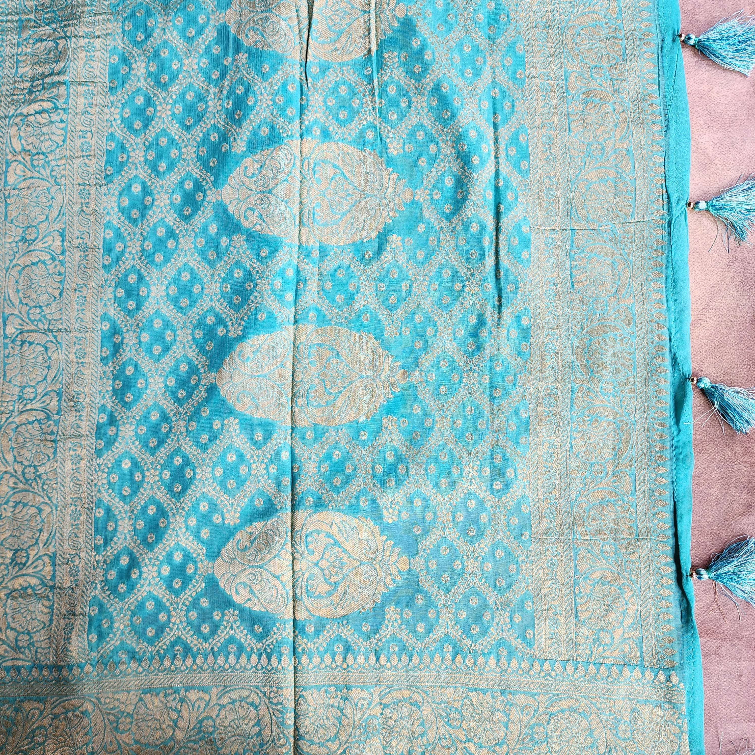 Turquoise Pure Khaddi Georgette Banarasi Saree with Golden Zari