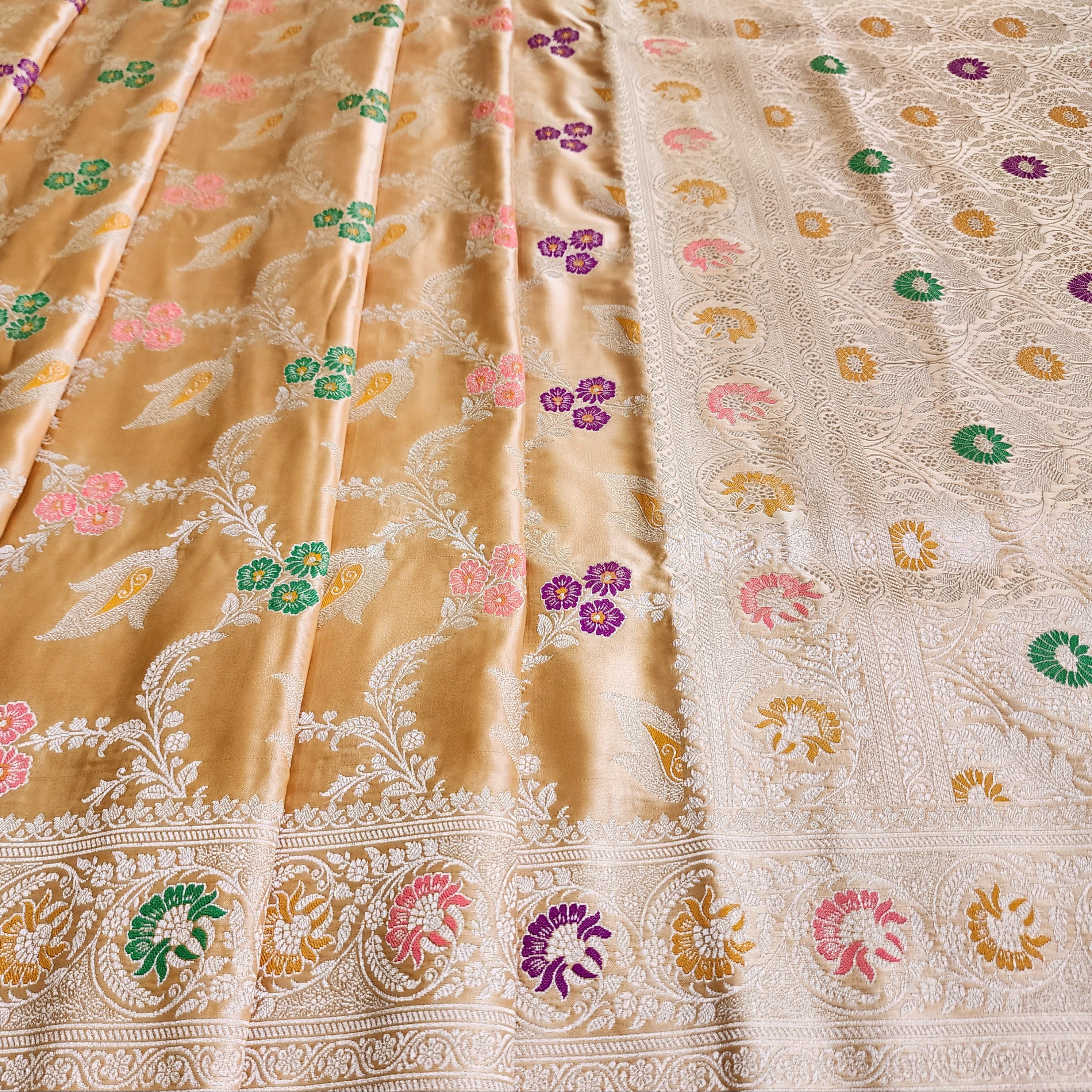 Enriched Dark Orange Banarasi Katan Silk Saree with Multicolor Meenakari Floral Jaal