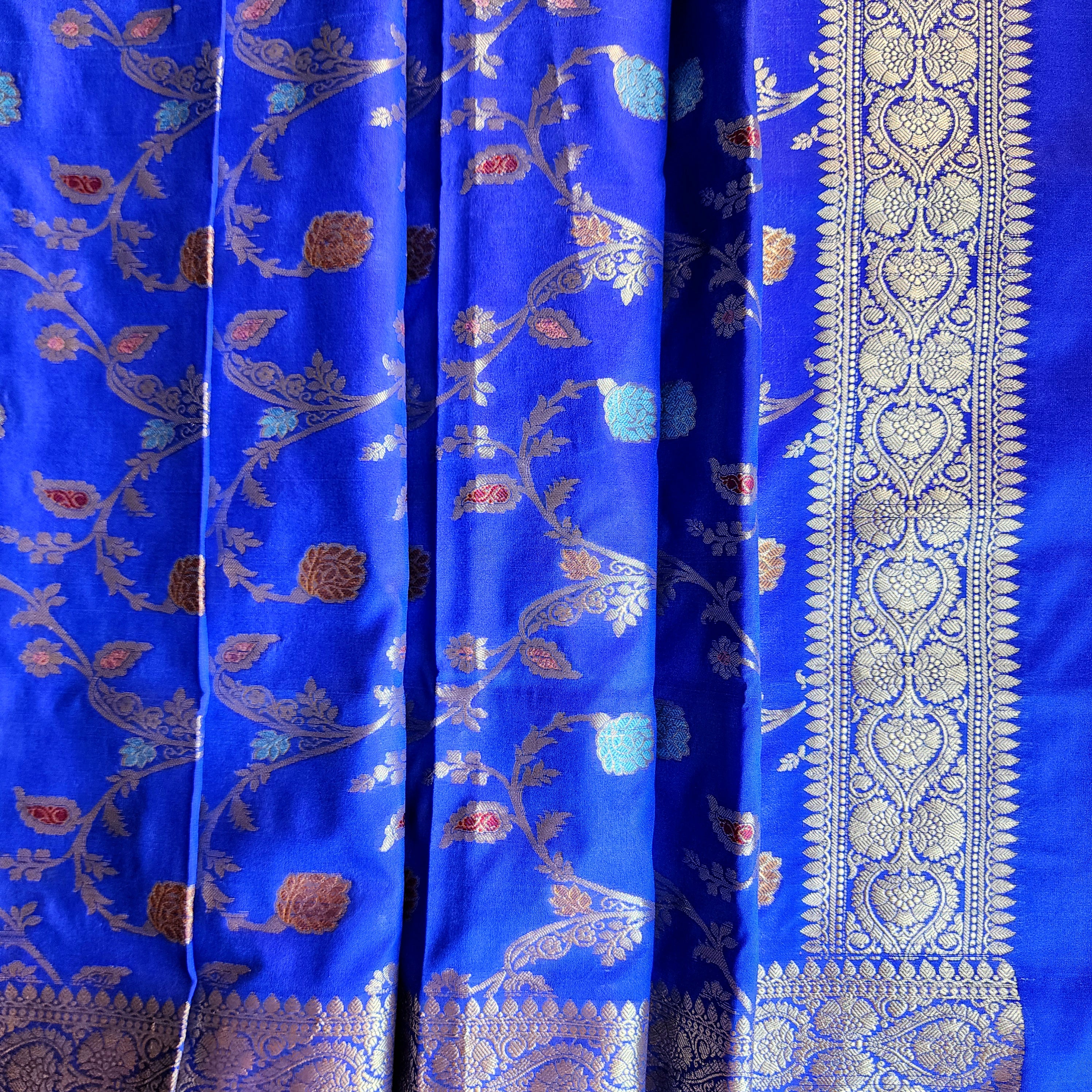 Royal Blue Banarasi Silk Dupatta with Gold Zari Border & Multicolor Meenakari Work
