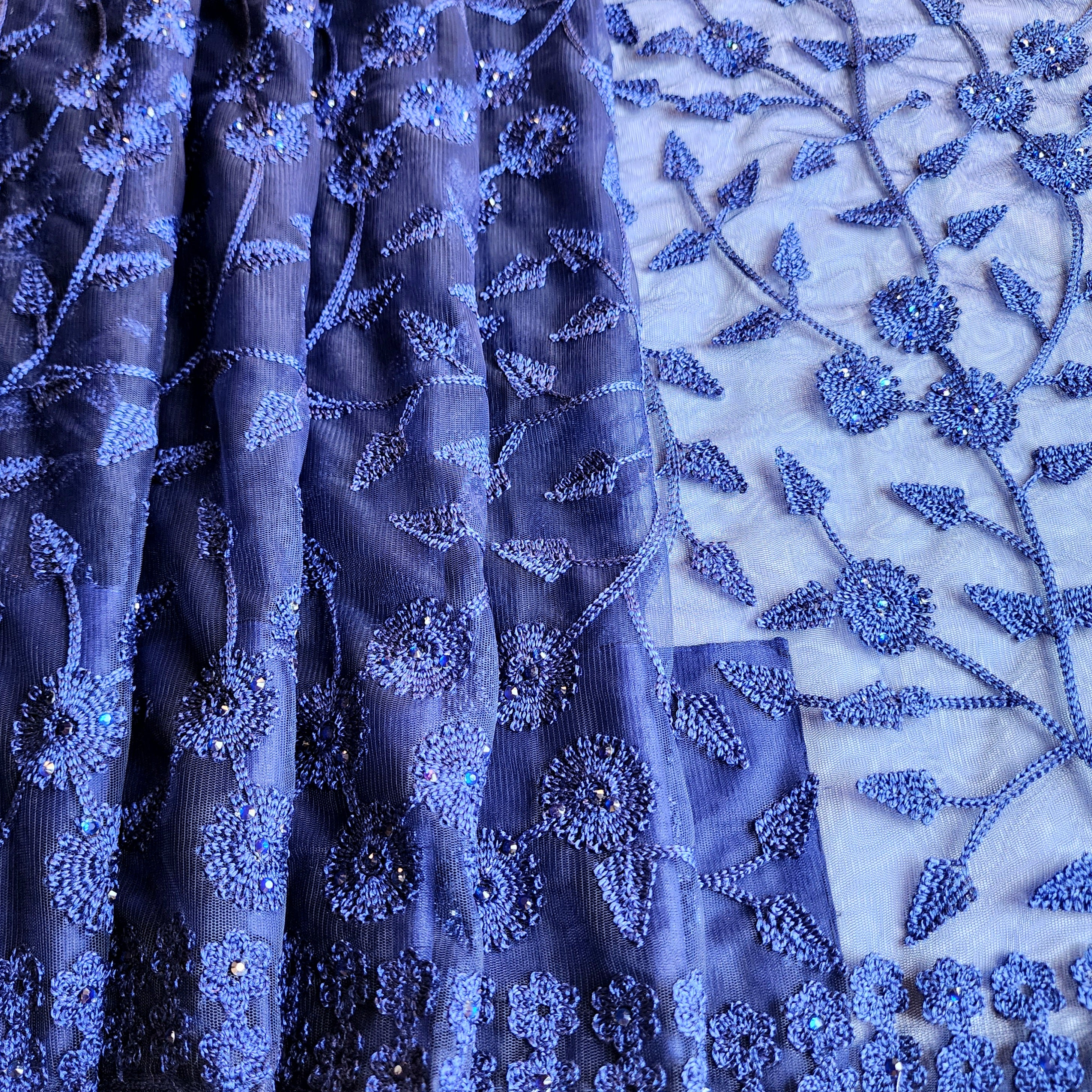 Embroidered Net Designer Saree in Dark Blue