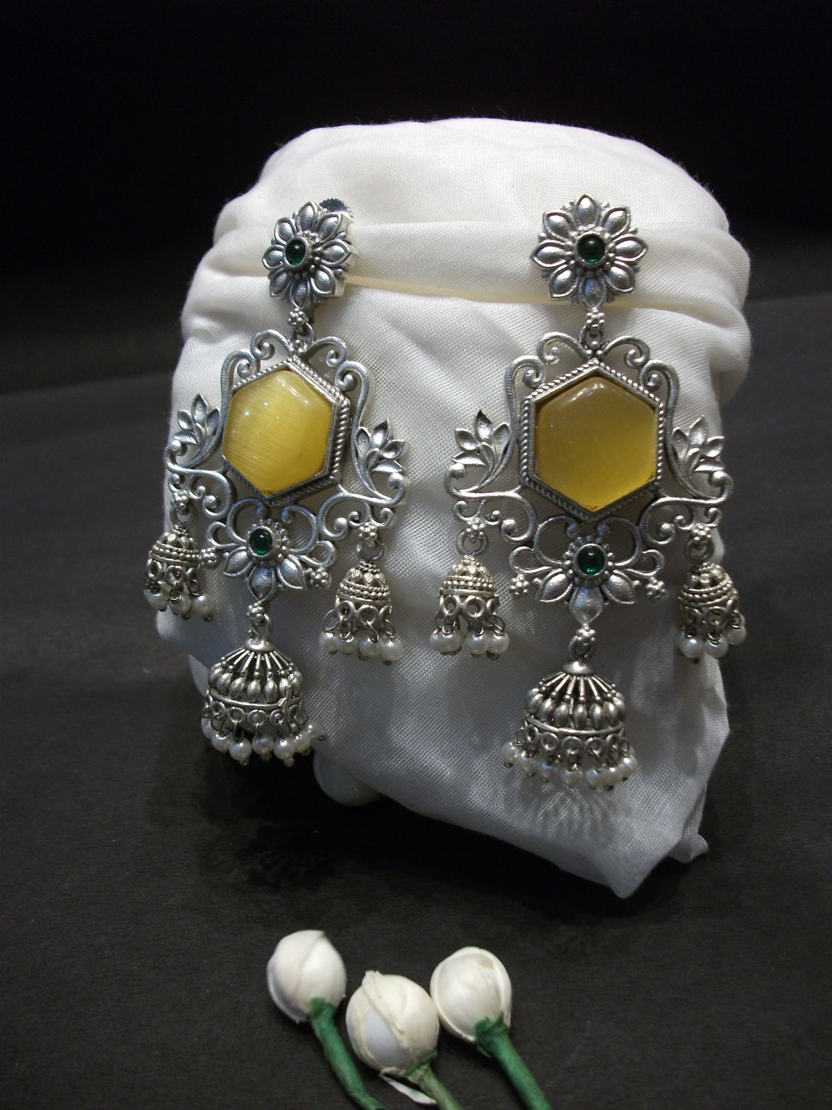Antique Silver Mustard Yellow Floral Filigree Jhumki Earrings