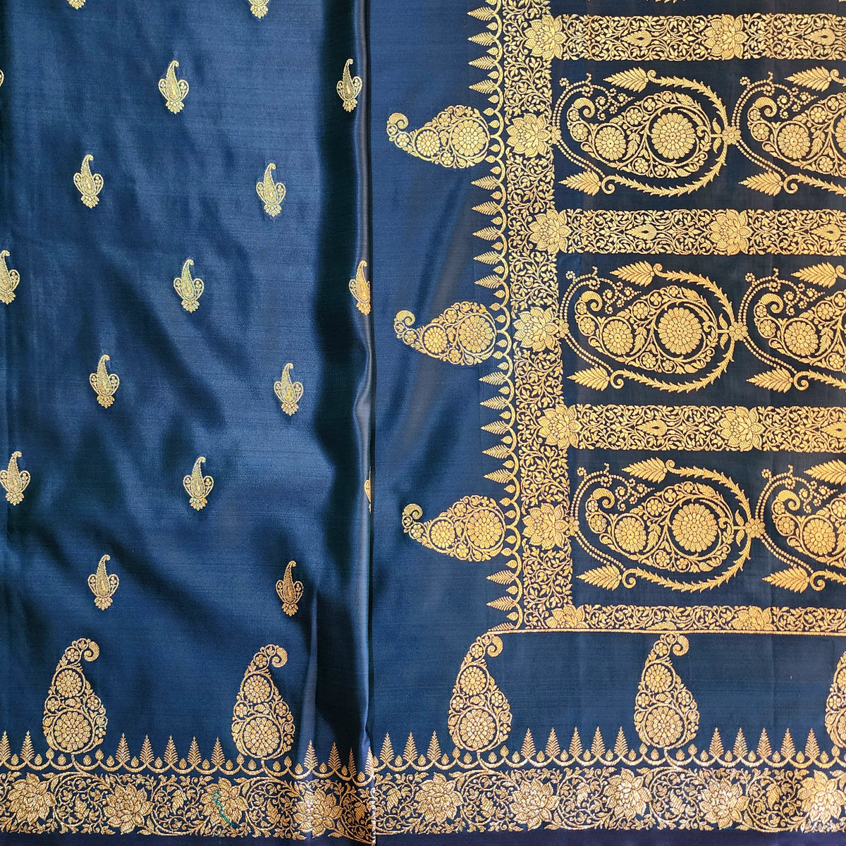 Midnight Blue Paisley Katan Silk Saree with Gold Zari