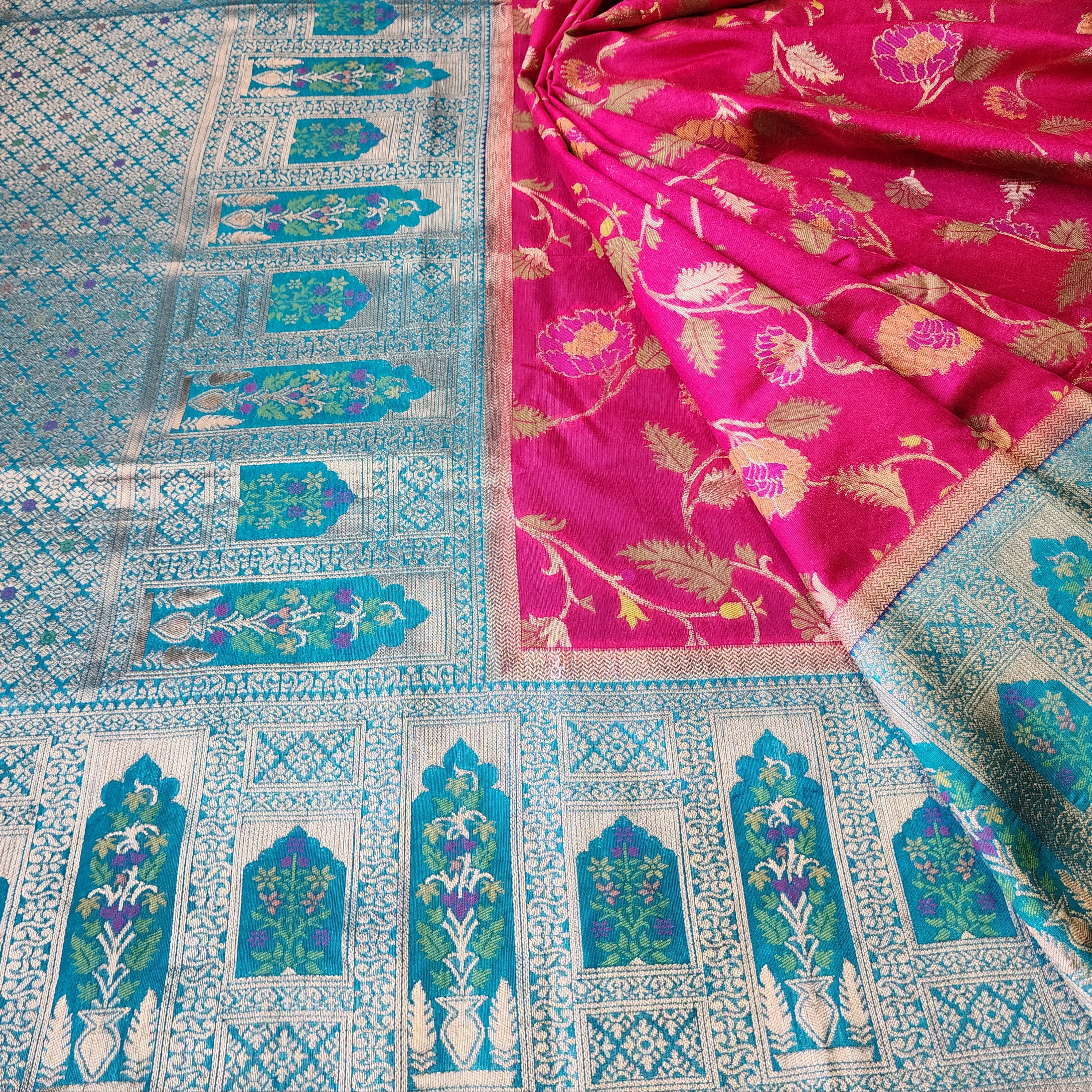 Rani Pink Dupion Patola with Turquoise Blue Border & Heavy Gold Zari