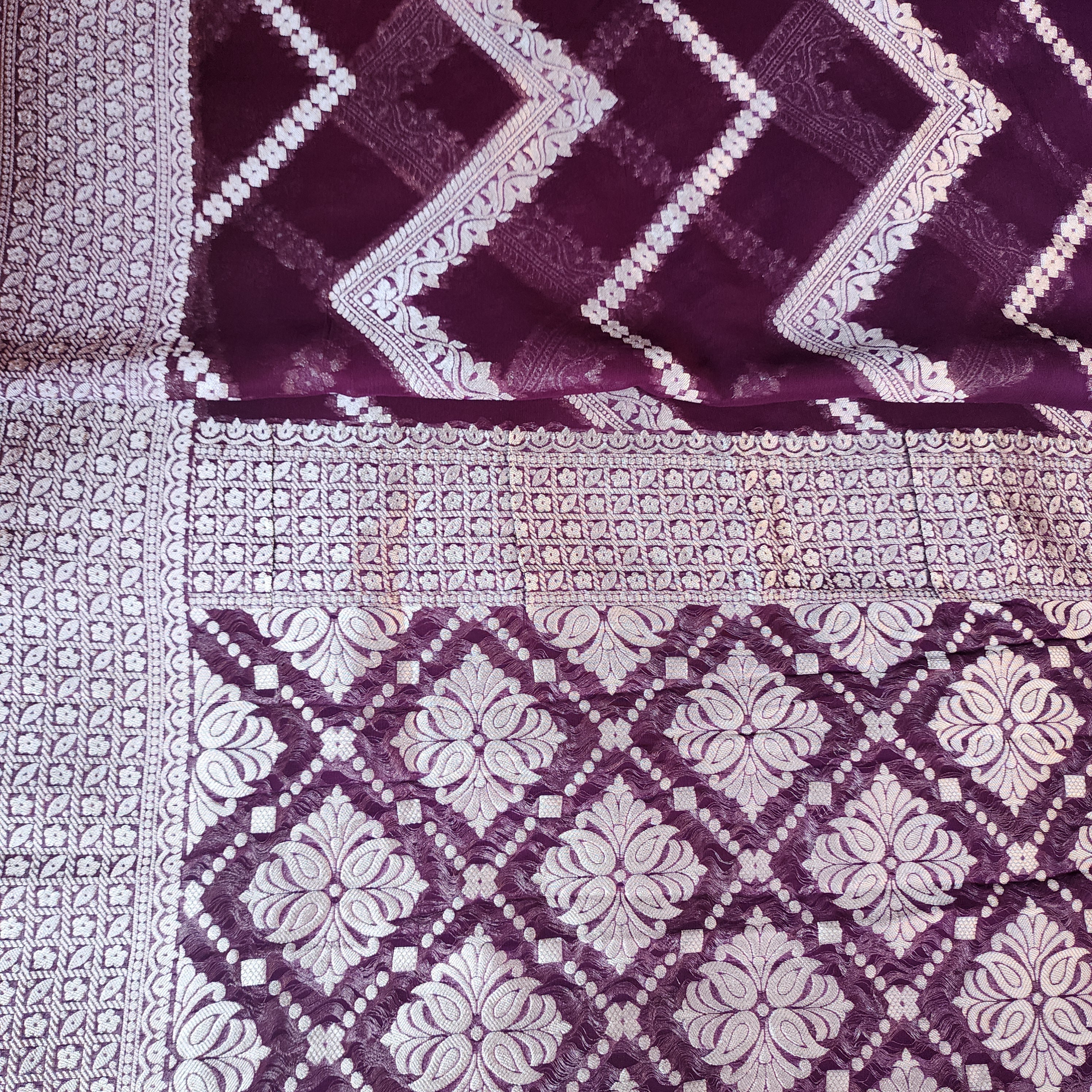 Dark Purple Khaddi Georgette Pure Banarasi Saree with Silver Zari