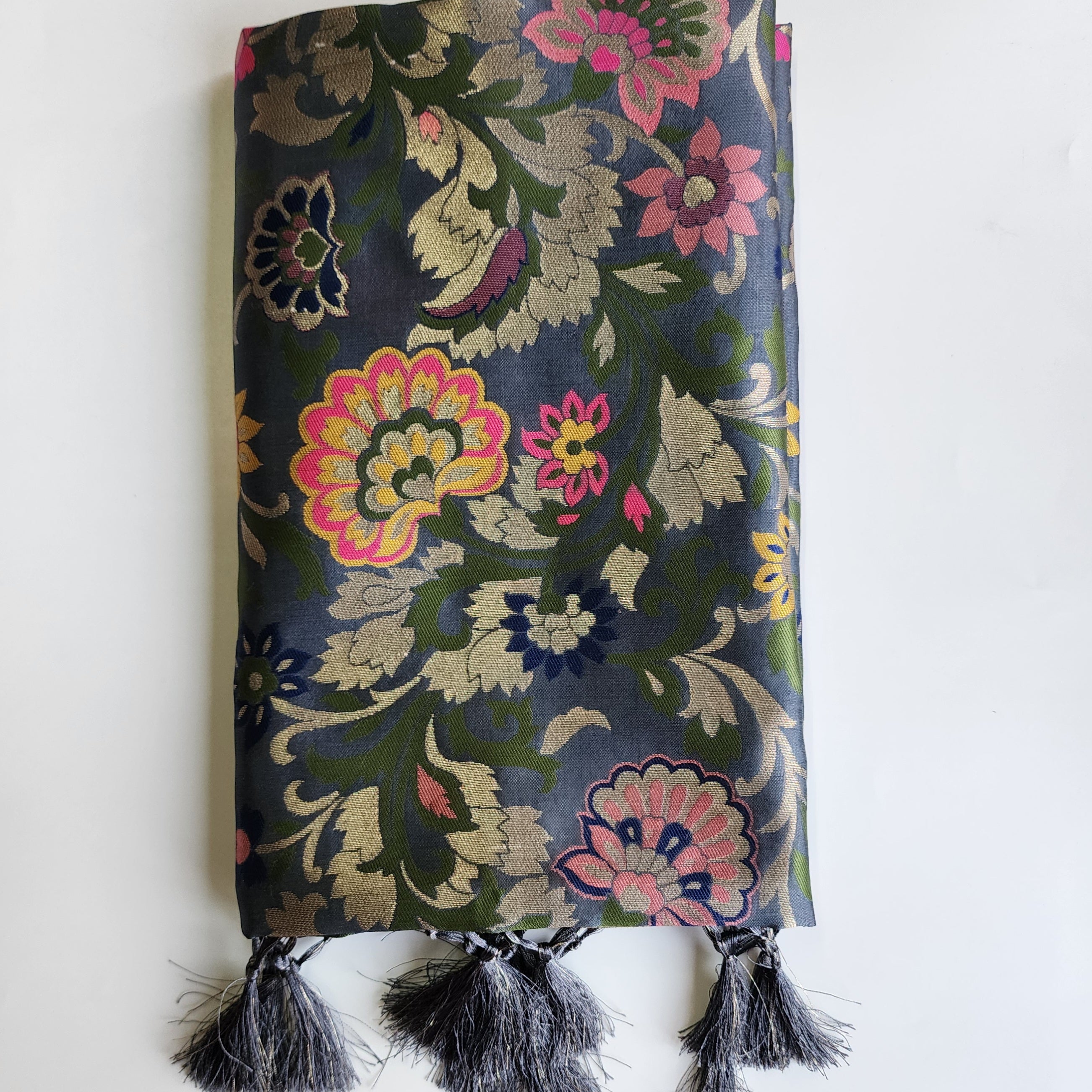 Banarasi Silk Dark Gray Dupatta with Multicolor & Gold Floral Handweaving