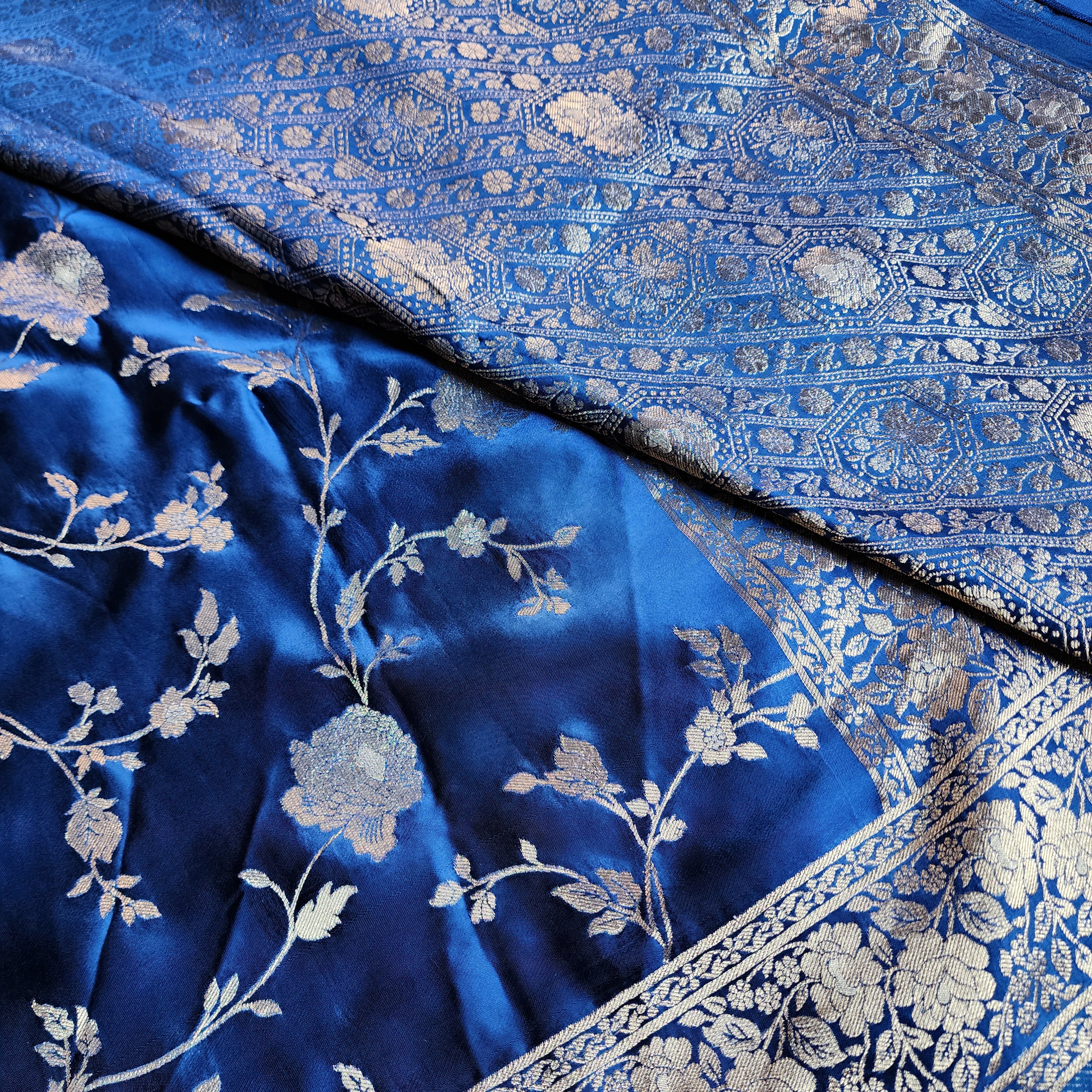 Royal Blue Muslin Silk Saree with Silver Zari Work
