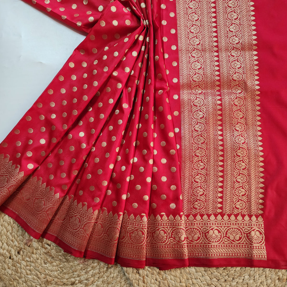Classic Red Banarasi Silk Dupatta with Gold Polka Dot