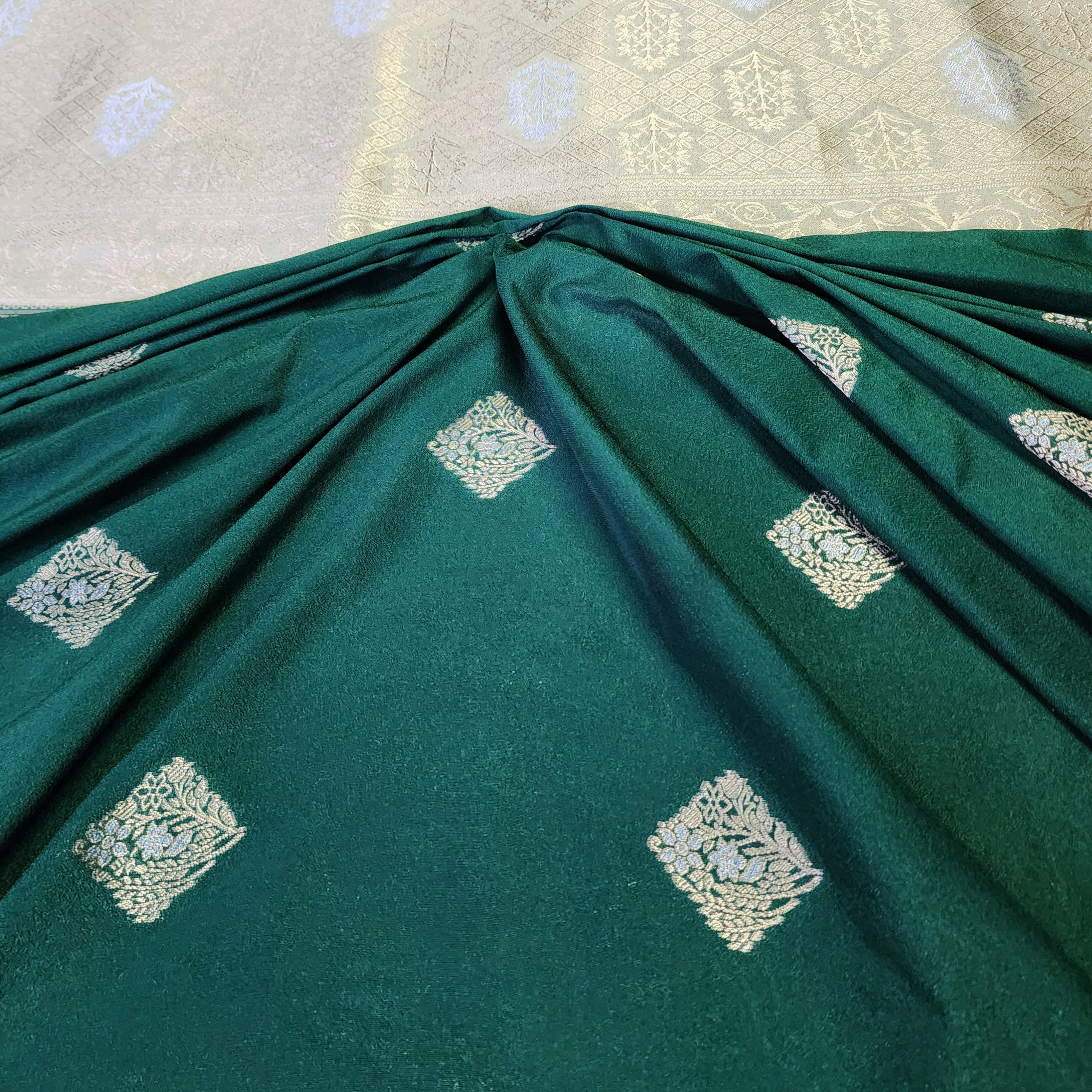 Bottle Green Crepe Georgette Silk Saree with Soft Champagne Gold Zari Border