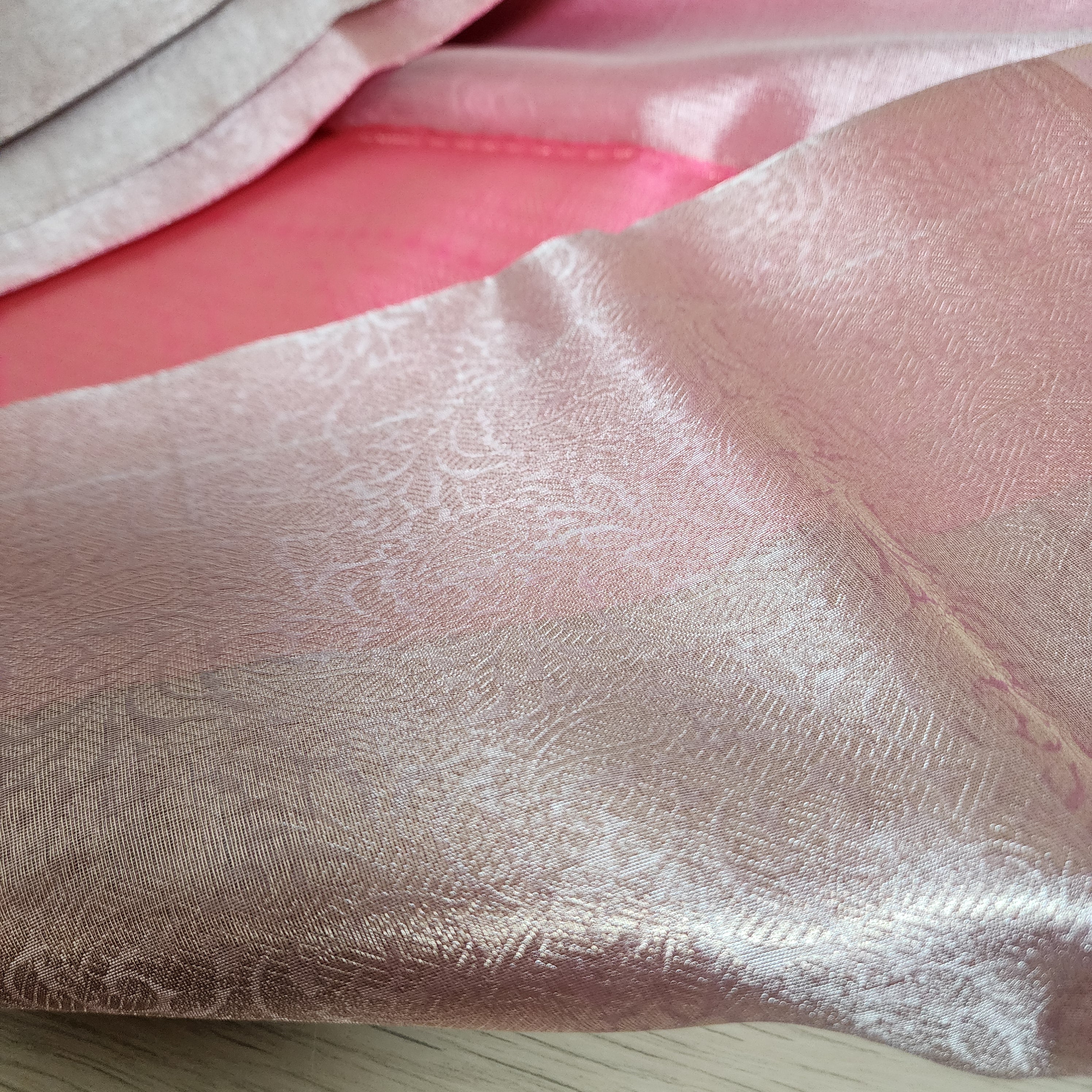 Unique Coral Pink & Beige Kanjivaram style Banarasi Tissue Saree