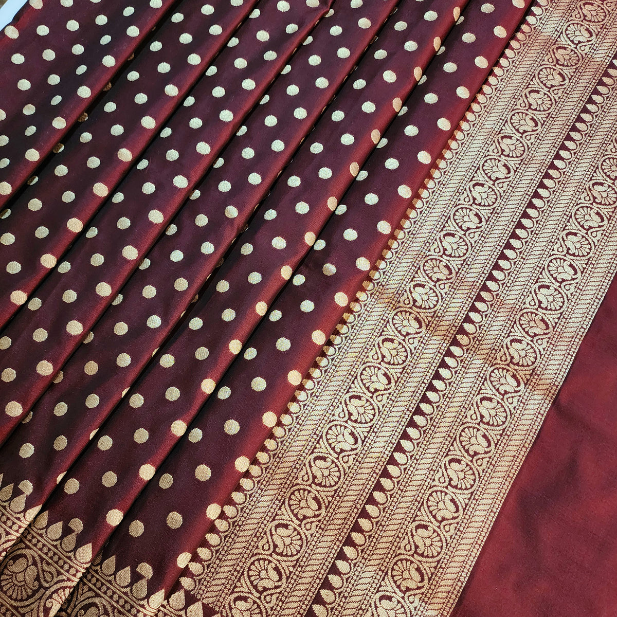 Burgundy Banarasi Silk Dupatta with Gold Polka Dot