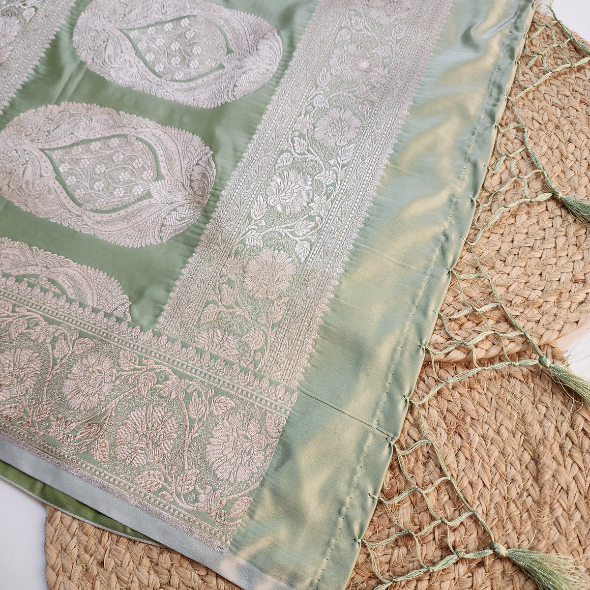 Olive Green Banarasi Katan Silk Saree with Floral Vine Jaal