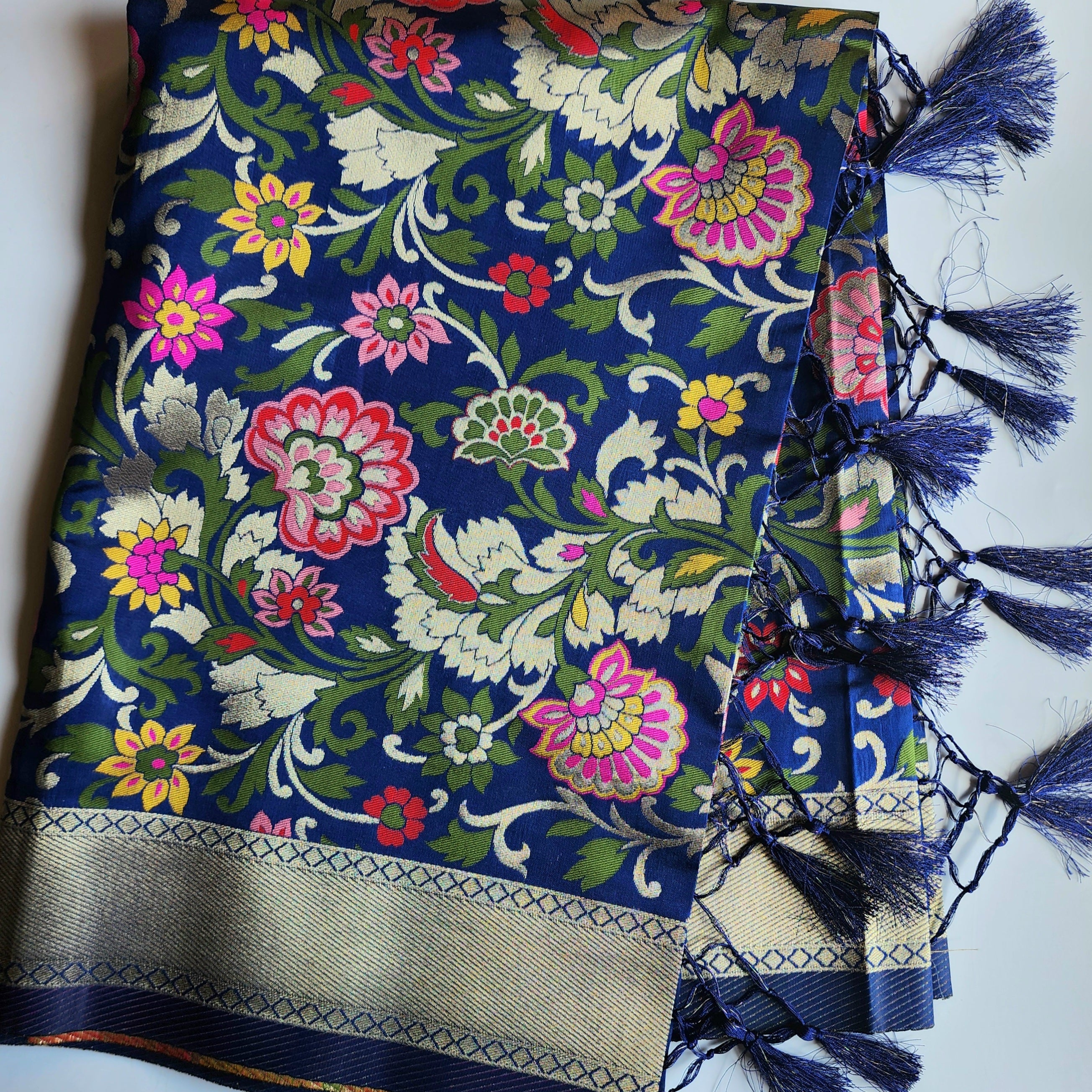 Banarasi Silk Navy Blue Dupatta with Multicolor & Gold Floral Handweaving