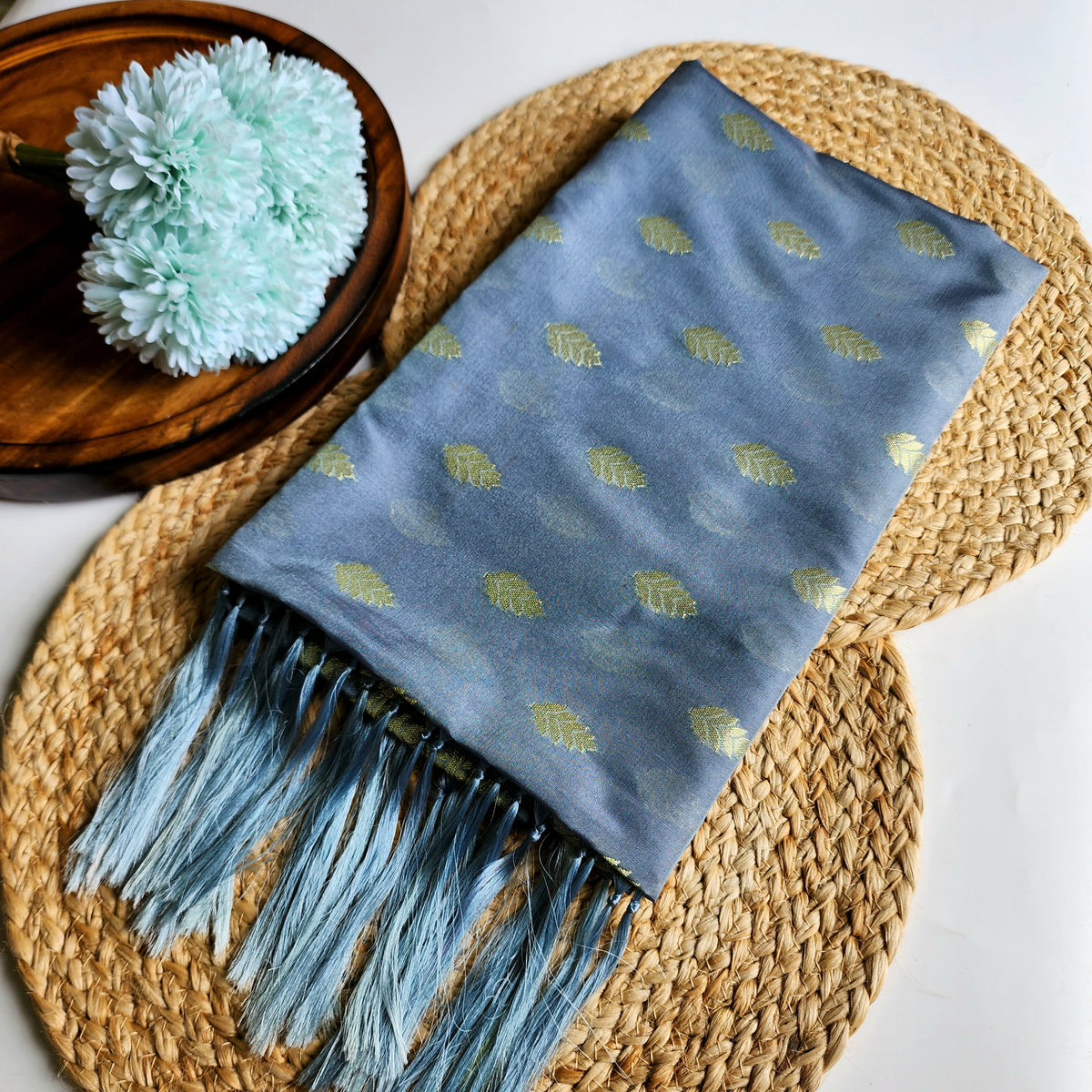 Steel Blue Banarasi Tapetta Silk Leaf Weave Dupatta
