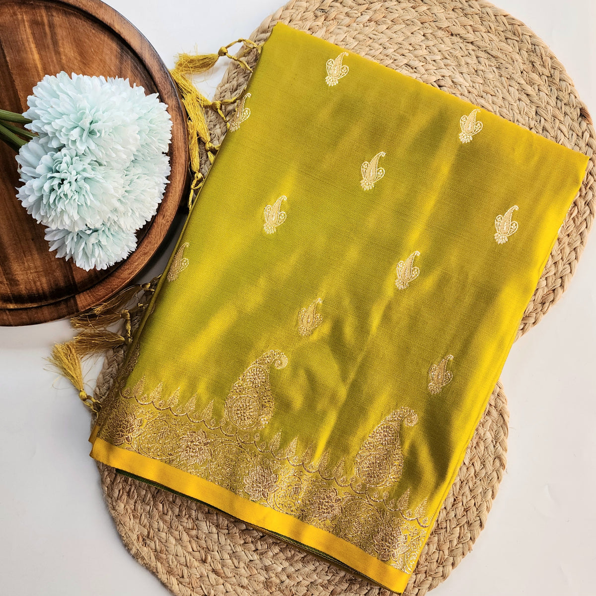 Lime Green Paisley Katan Silk Saree with Gold Zari