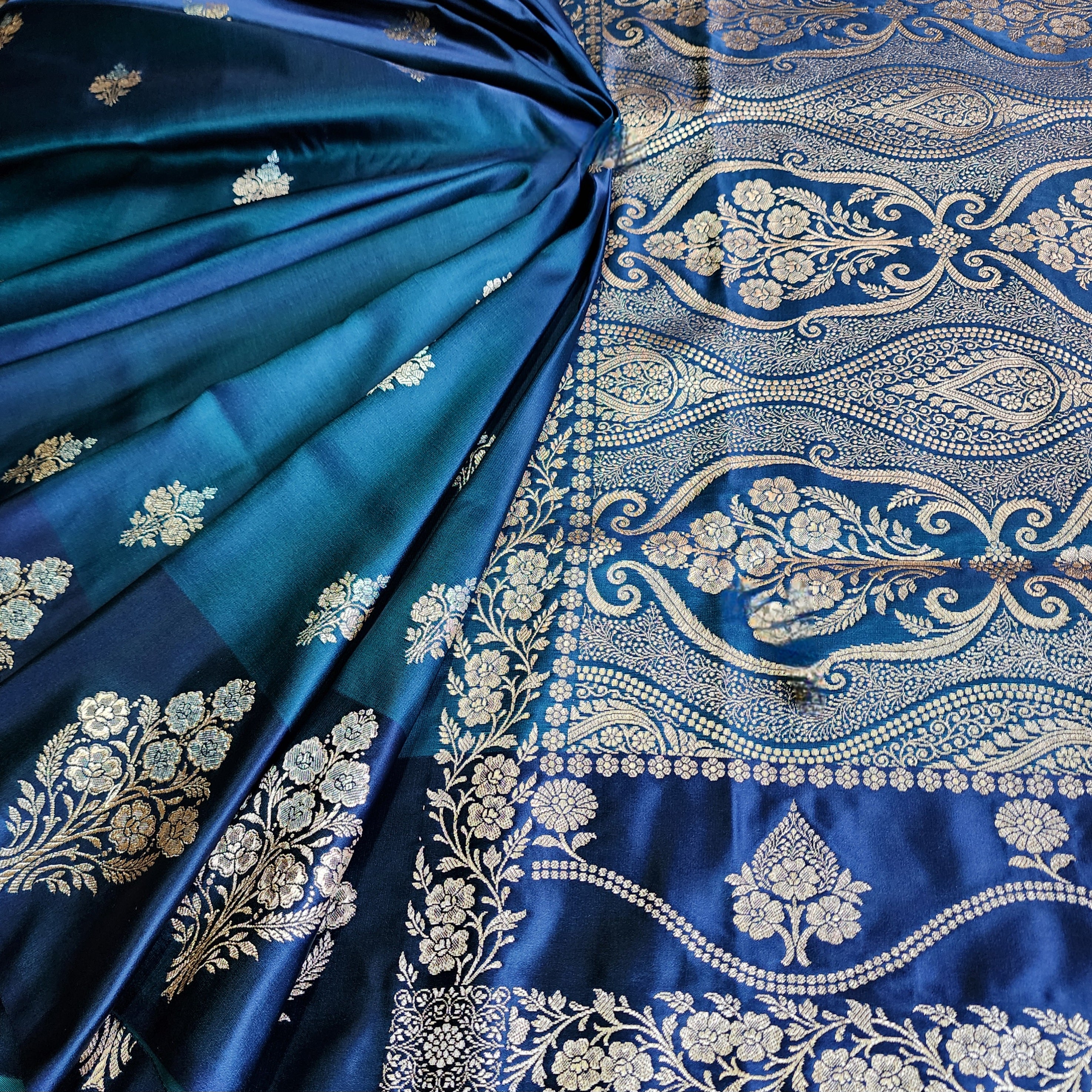 Dual-Tone Peacock Blue Pure Banarasi Katan Silk Saree
