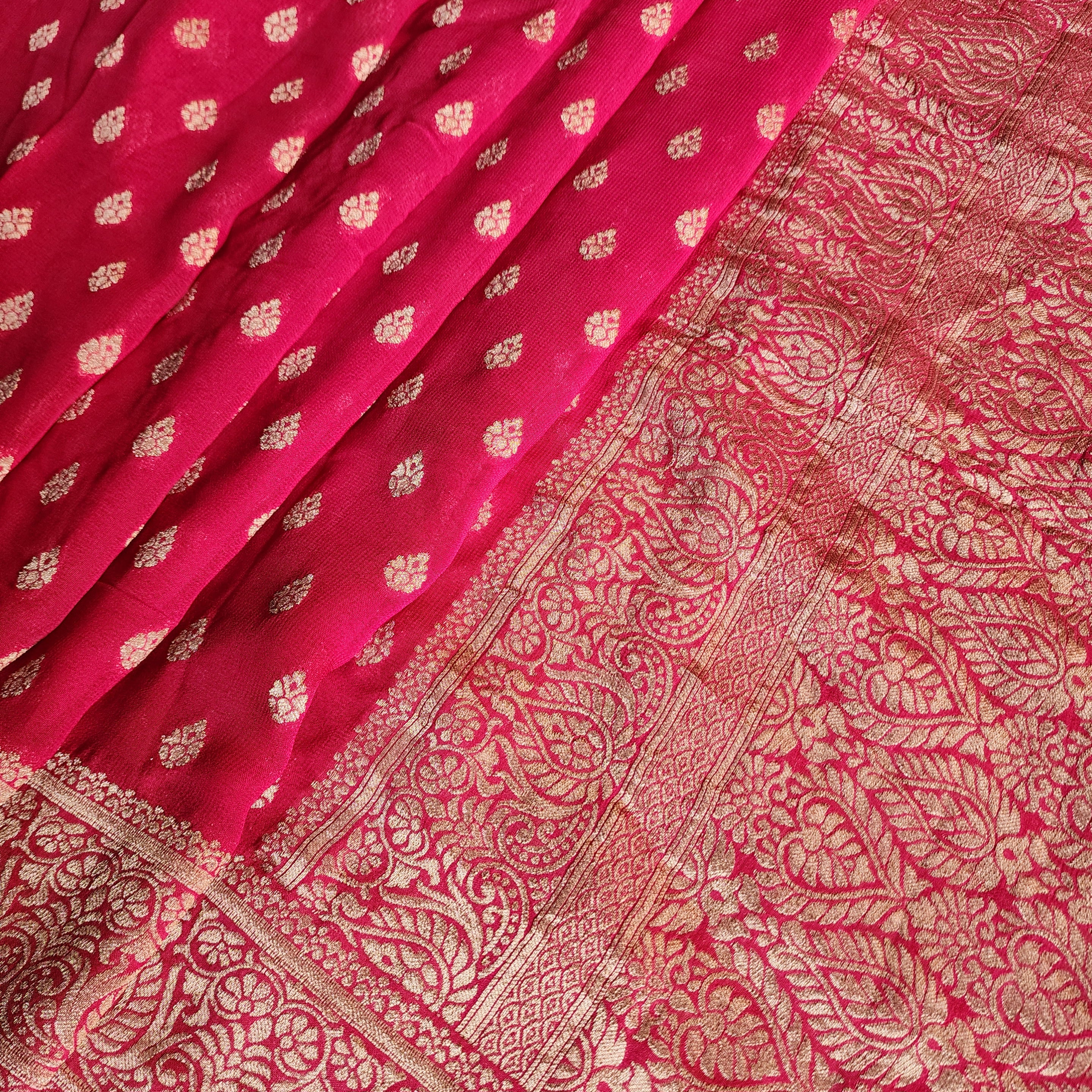 Radish Pink Khaddi Georgette Pure Banarasi Saree with Golden Zari
