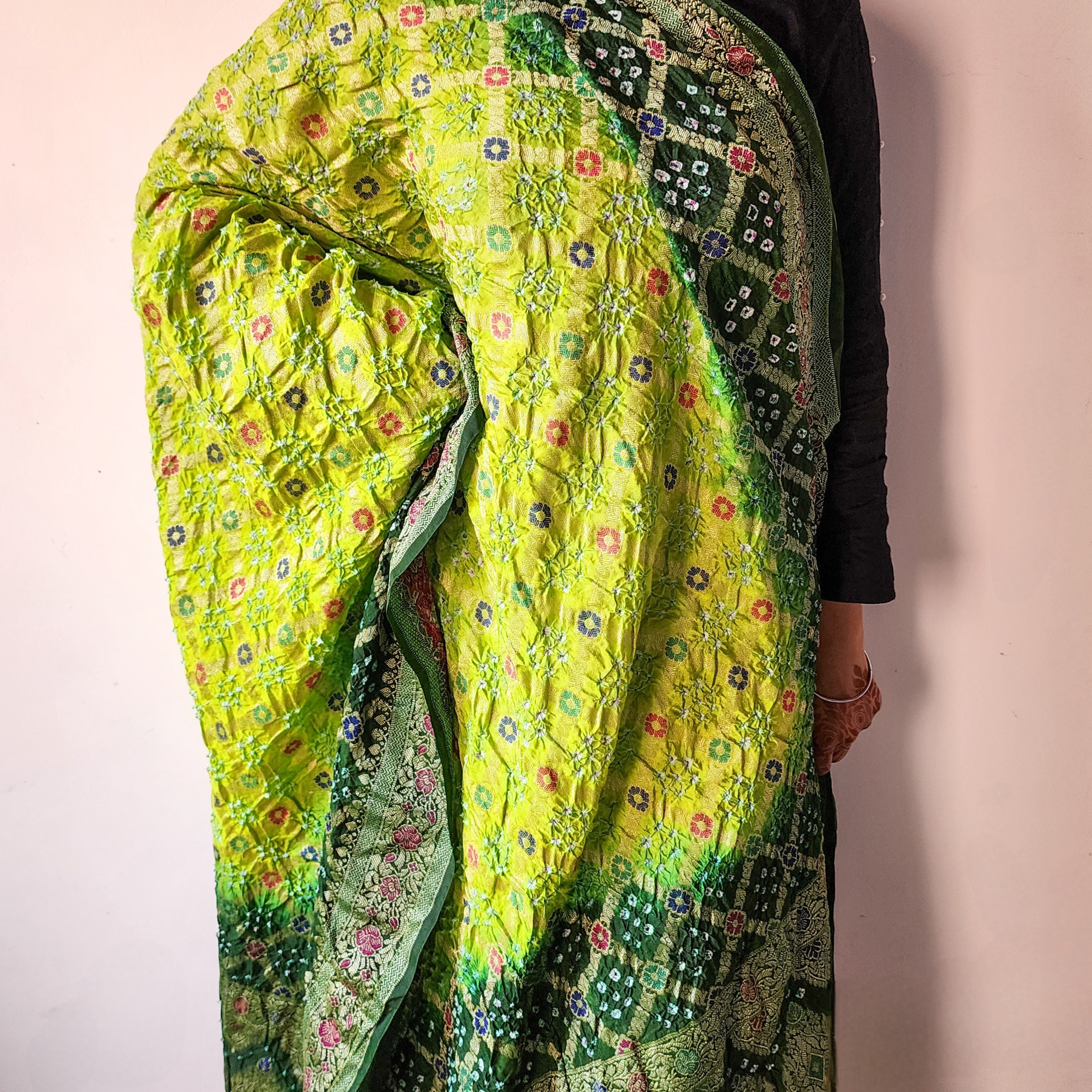 Dual-Tone Green Bandhni Dupatta with Golden Border & Banarasi Meenakari Work