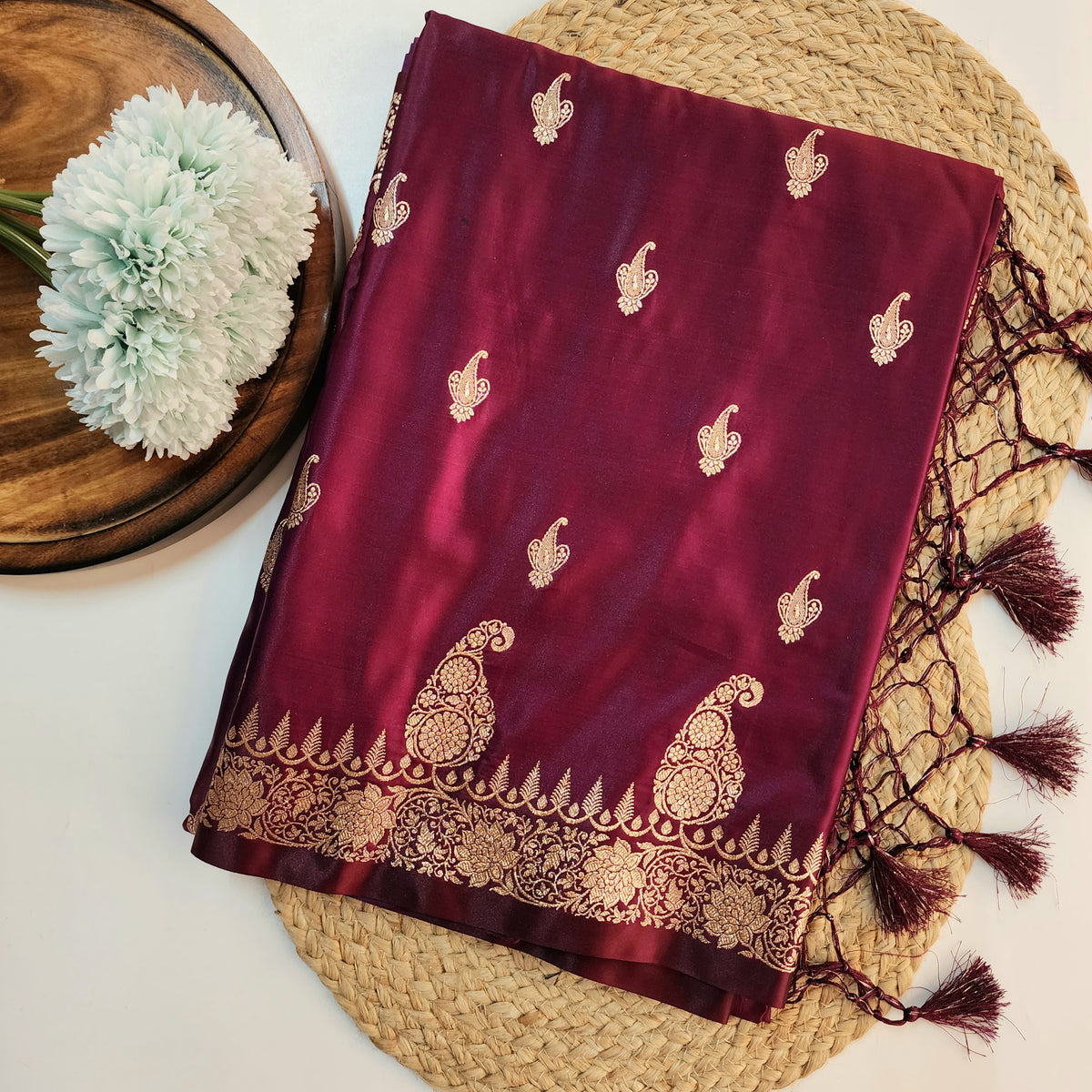 Wine Paisley Katan Silk Saree with Gold Zari