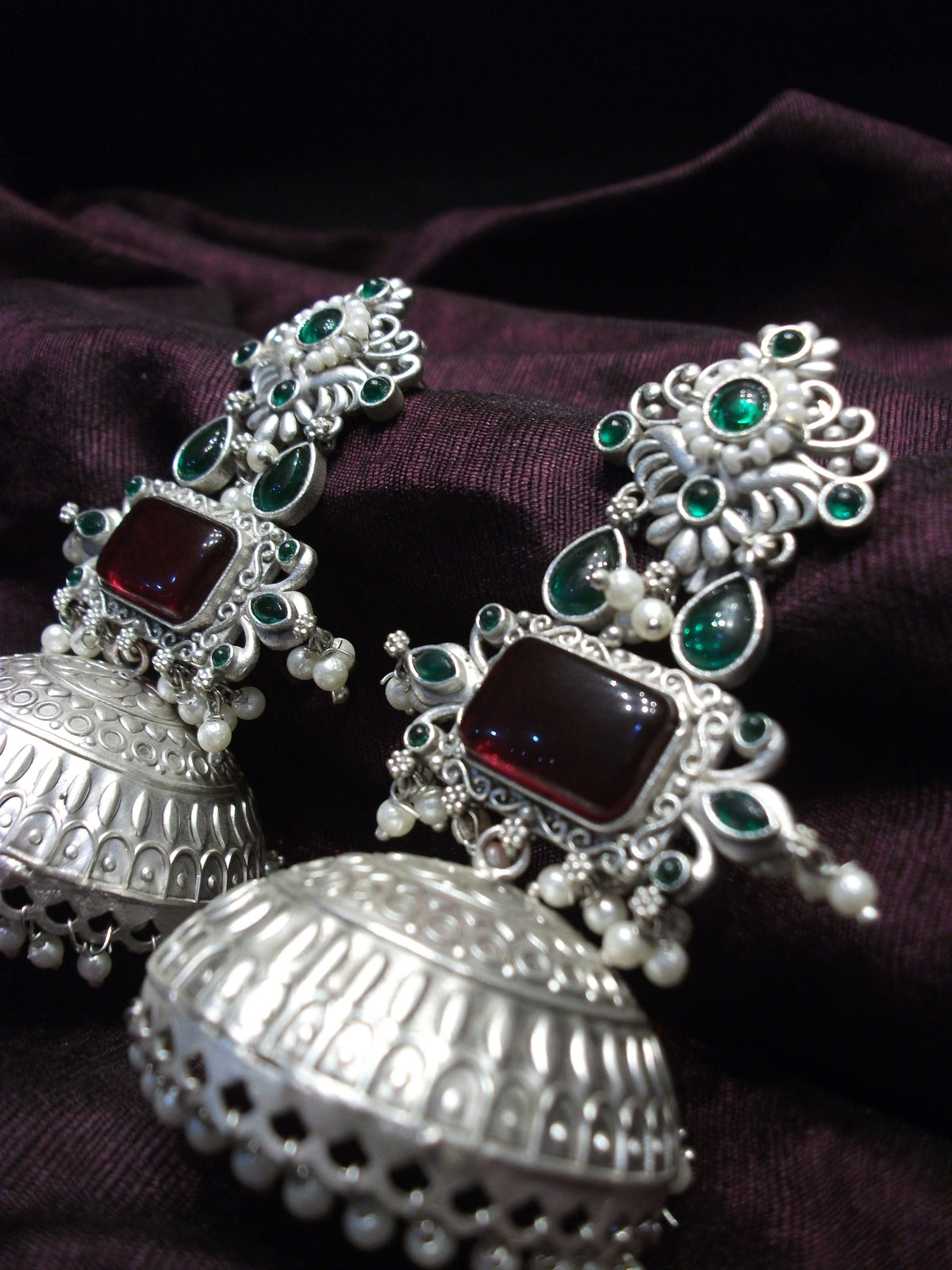 Antique Rectangular Maroon Red Cabochon Jhumka Earrings