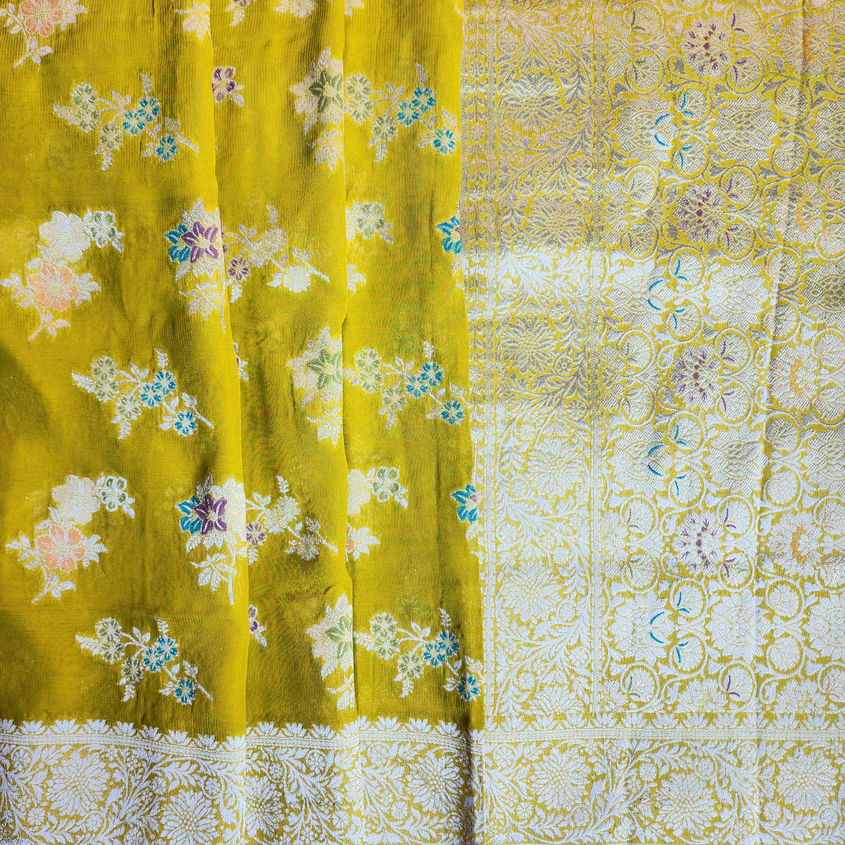 Yellowish Green Muslin Silk Saree with Floral Weave