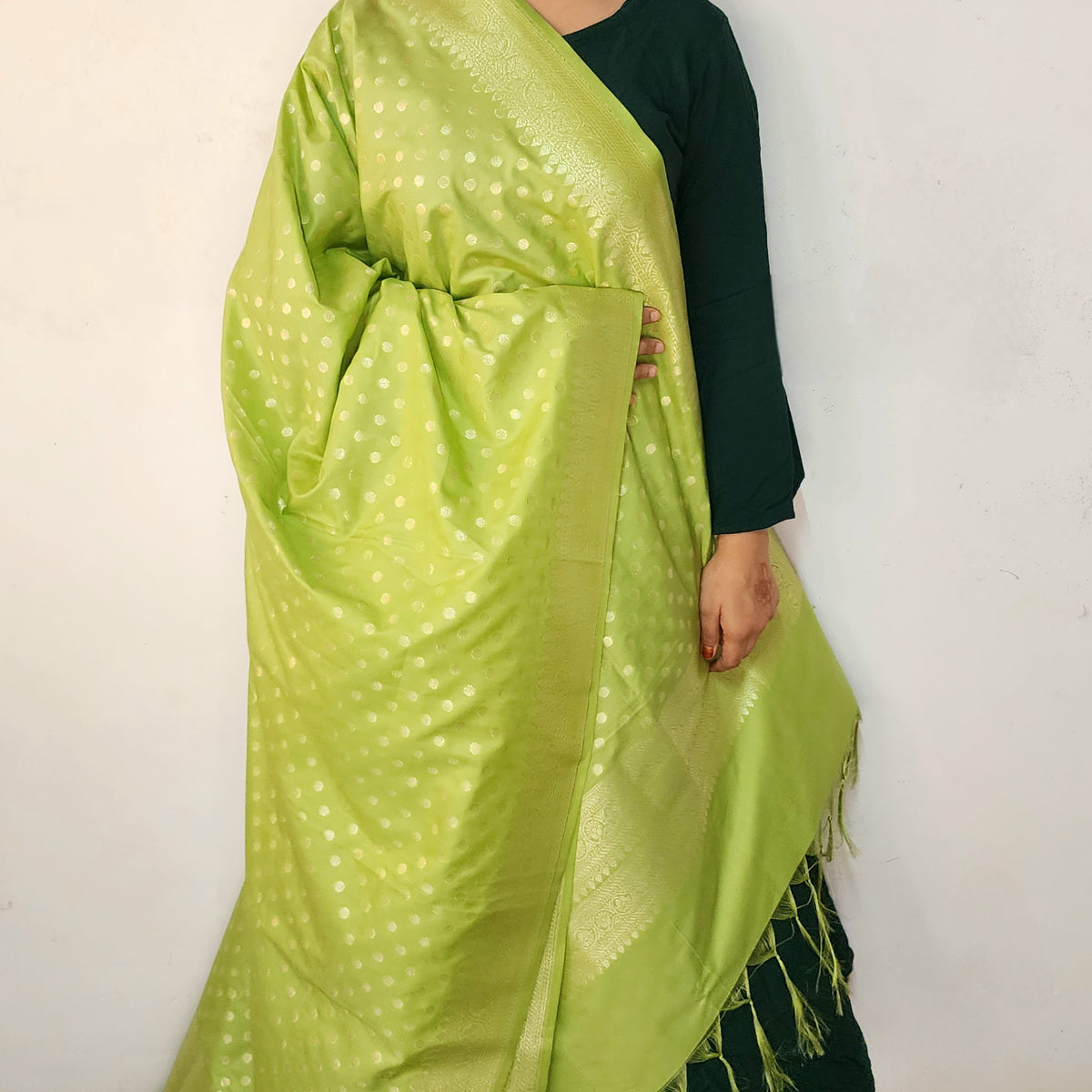 Lime Green Banarasi Silk Dupatta with Gold Polka Dot