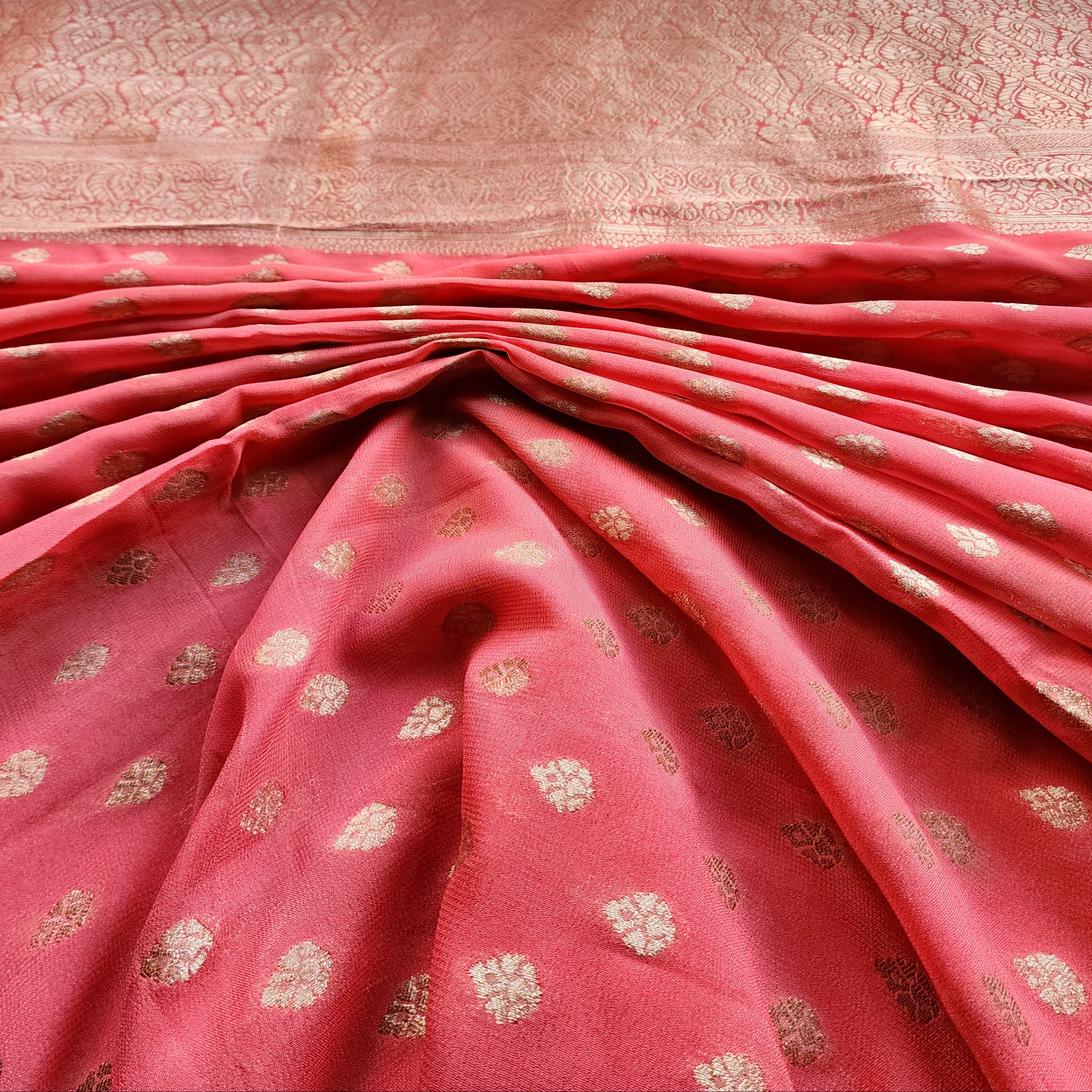 Peach Khaddi Georgette Pure Banarasi Saree with Golden Zari