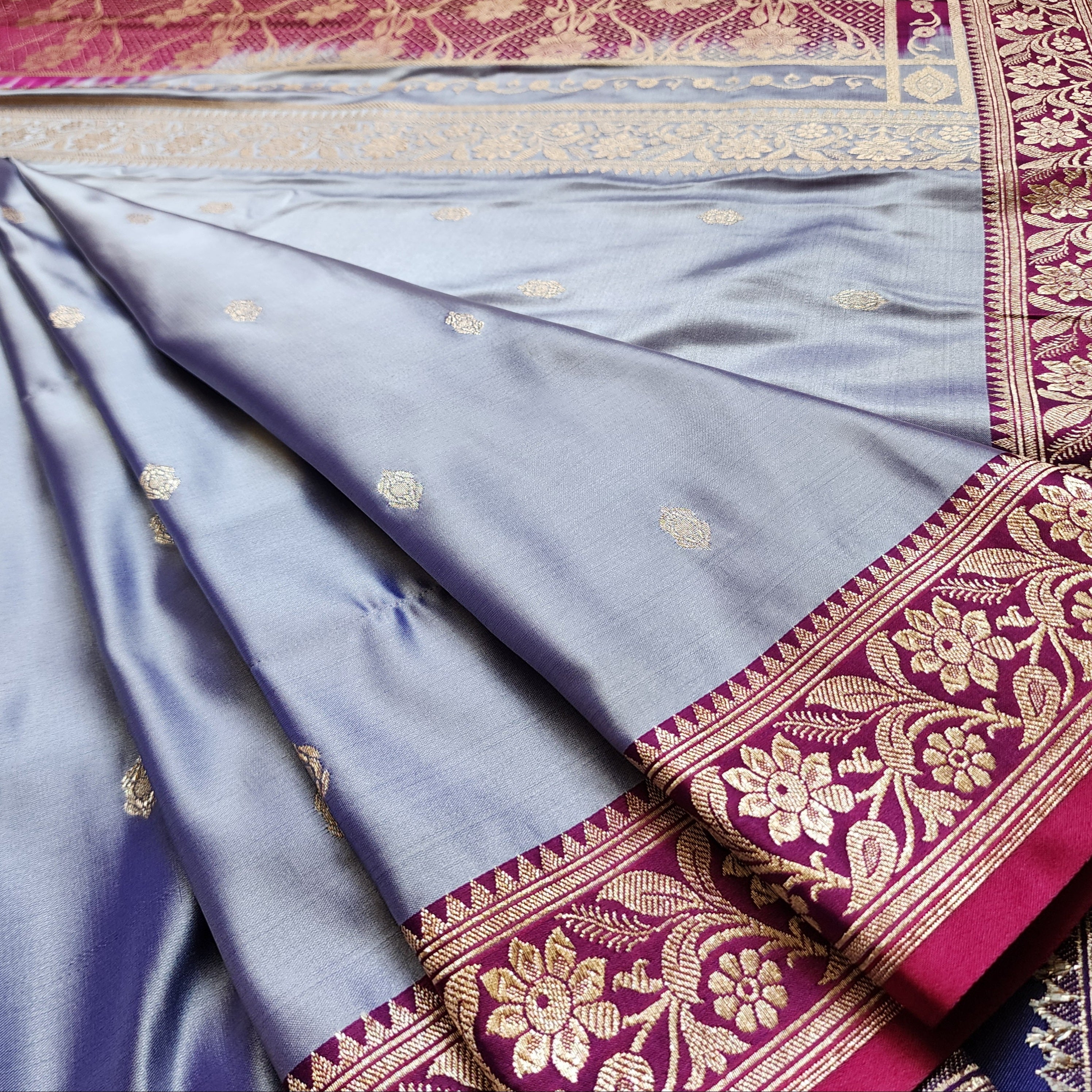 Periwinkle Katan Silk Saree with Magenta and Gold Zari Border