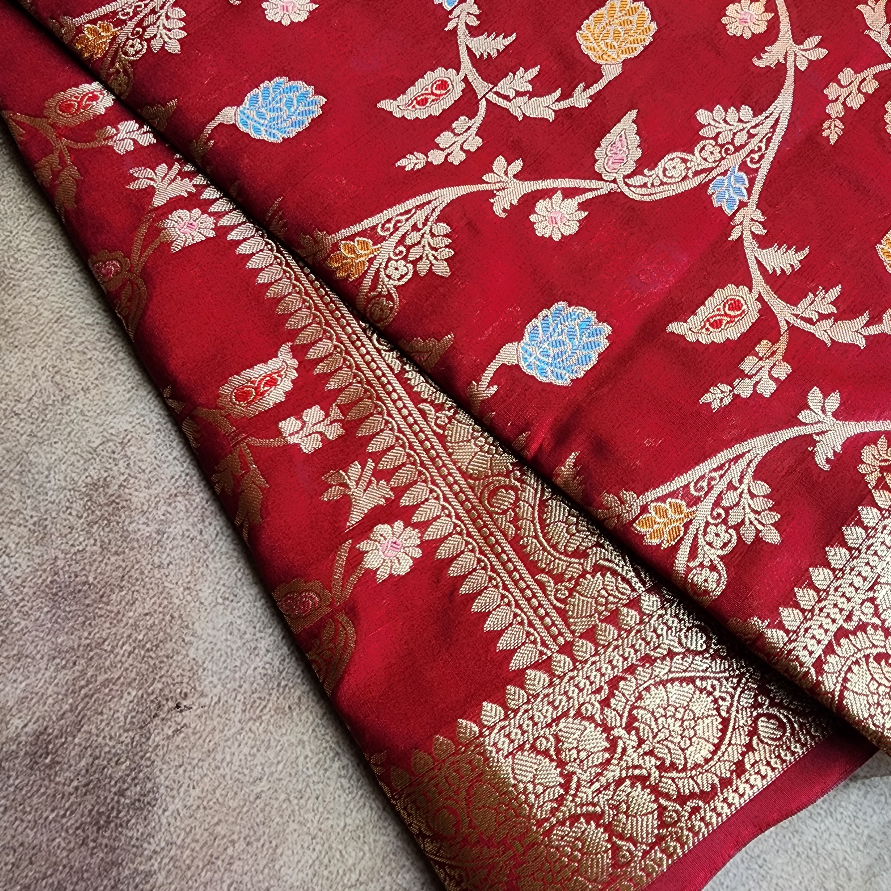 Maroon Banarasi Silk Dupatta with Gold Zari Border & Multicolor Meenakari Work