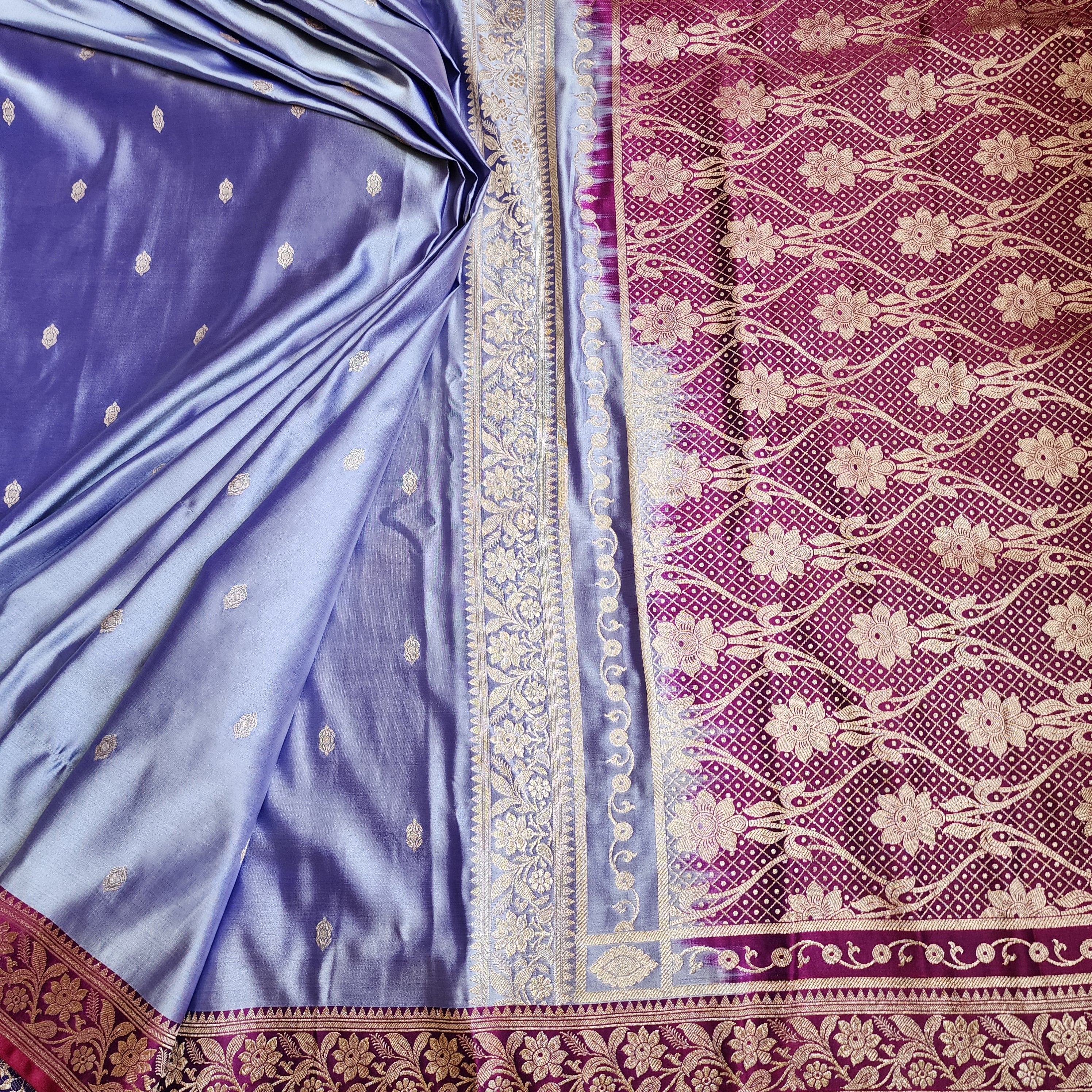 Periwinkle Katan Silk Saree with Magenta and Gold Zari Border