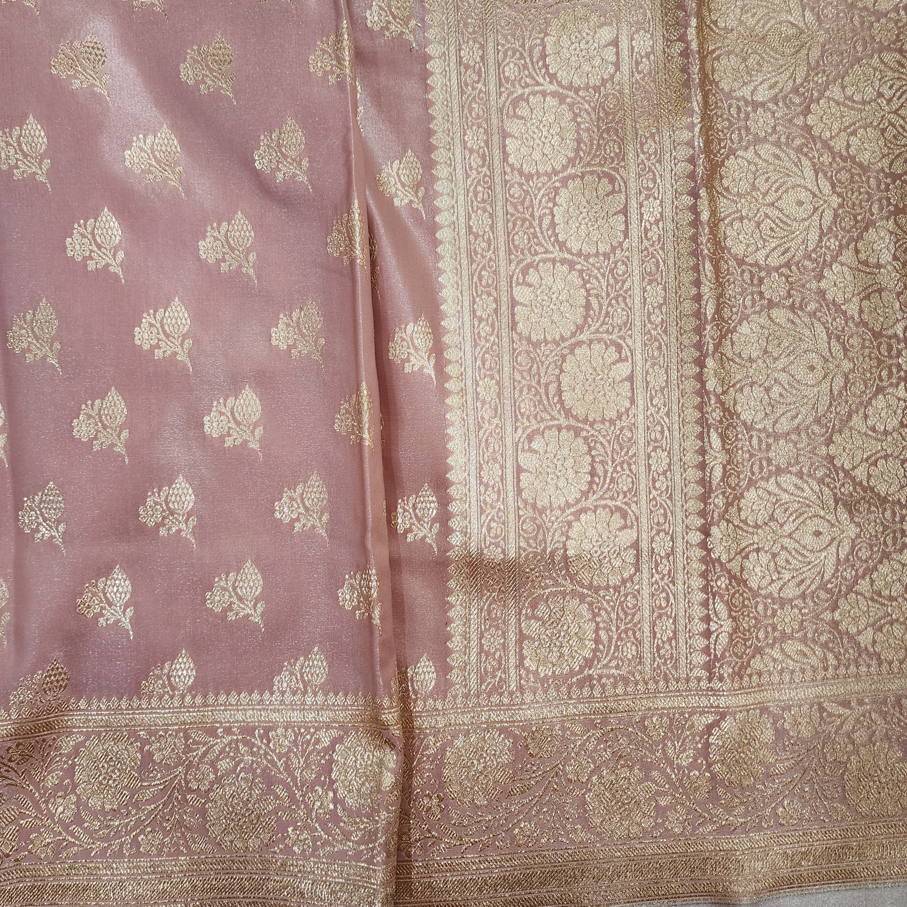 Rich Rose Blush Pink Banarasi Silk Saree with Gold Zari Weaving